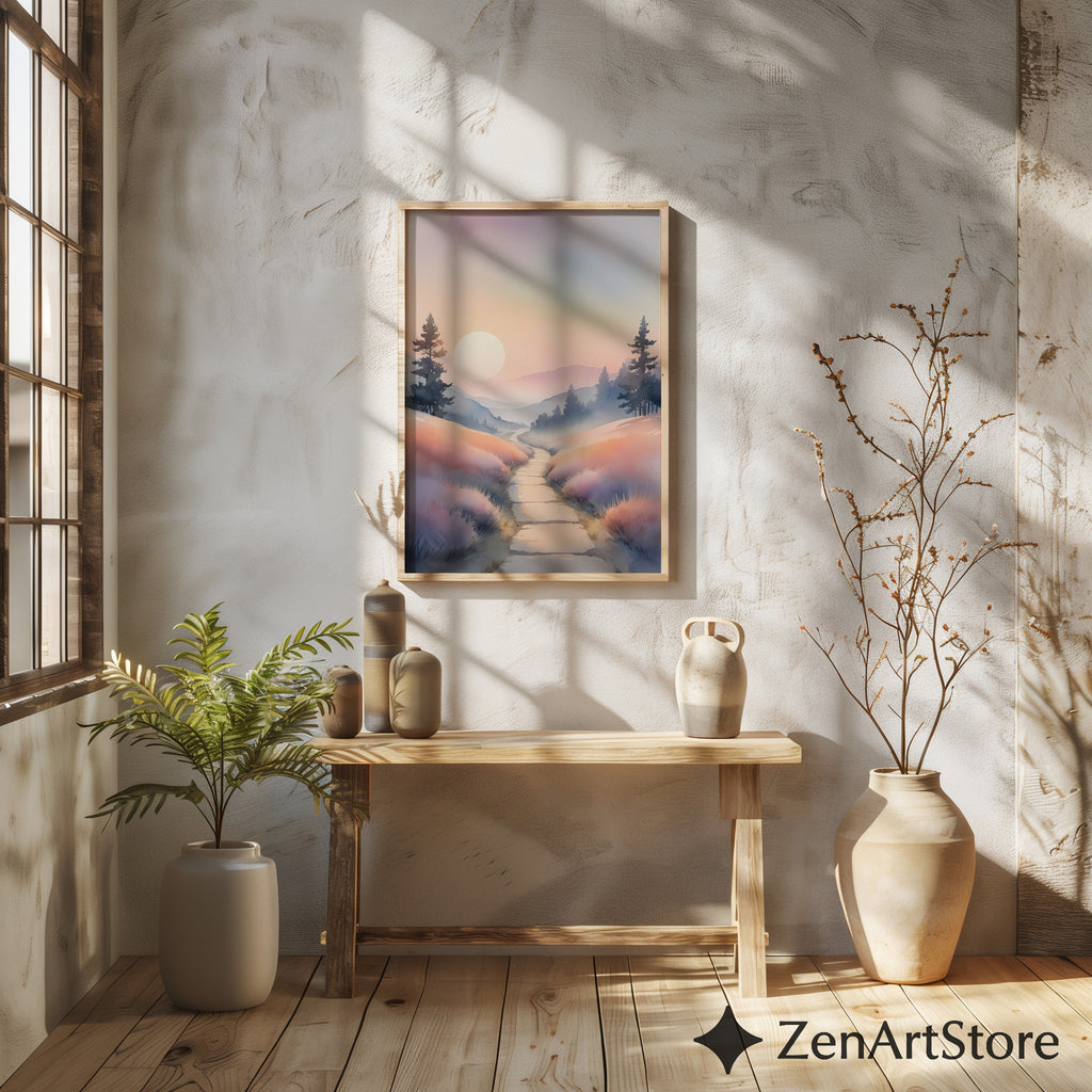 Misty Pastel Sunrise Landscape Print — Serene Pathway Wall Art for Zen, Japandi & Minimal Home Decor