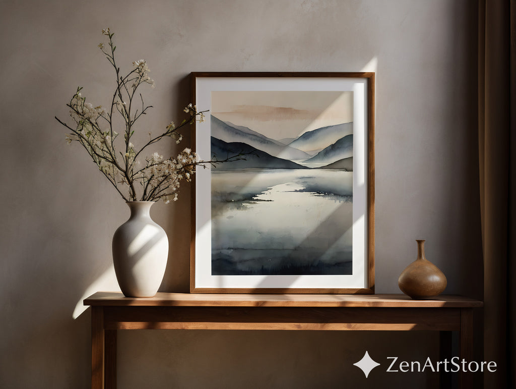 Minimal Abstract Mountain Lake Print - Neutral Japandi Wall Art, Calm Scandinavian Landscape