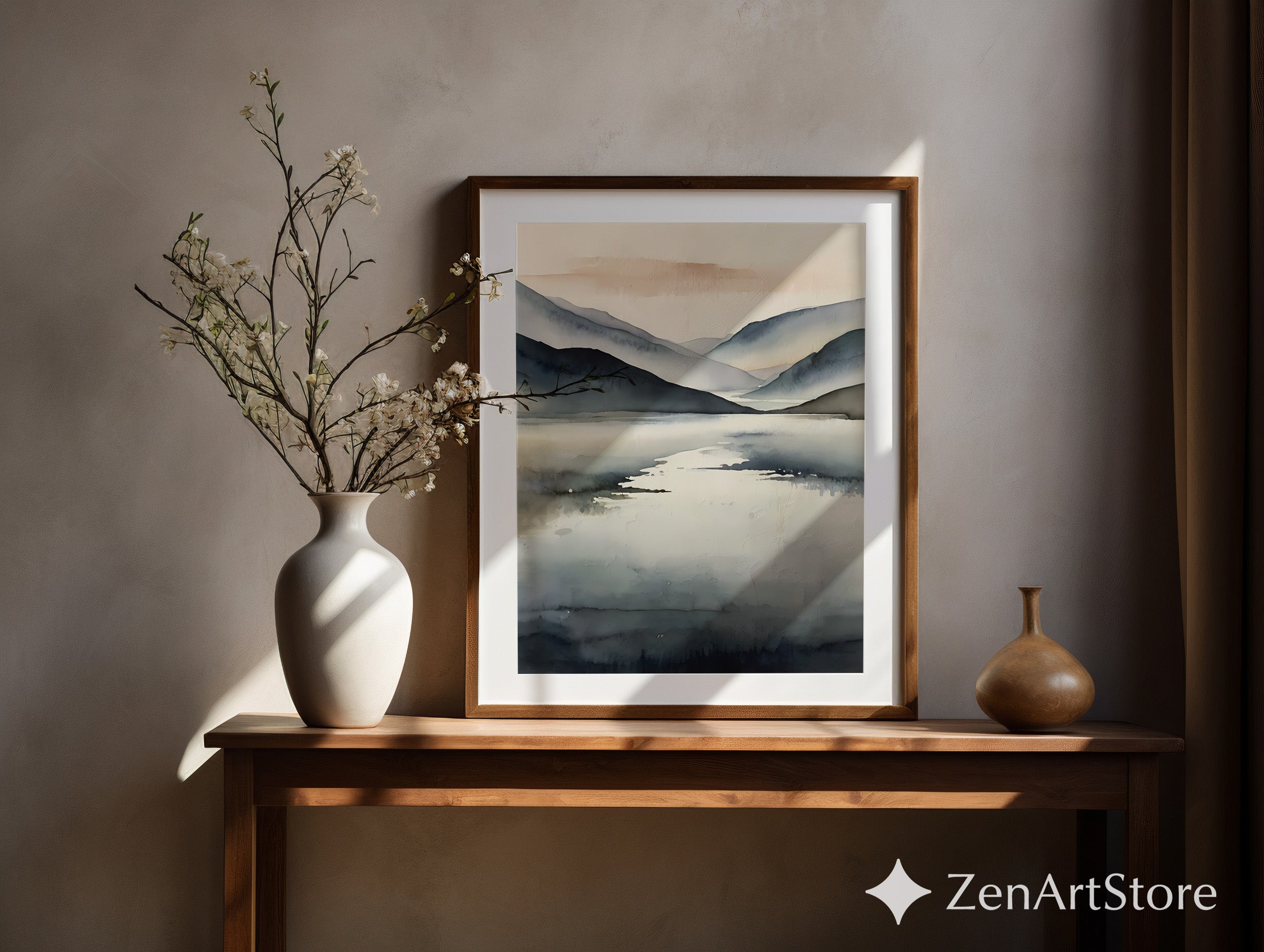 Minimal Abstract Mountain Lake Print - Neutral Japandi Wall Art, Calm Scandinavian Landscape