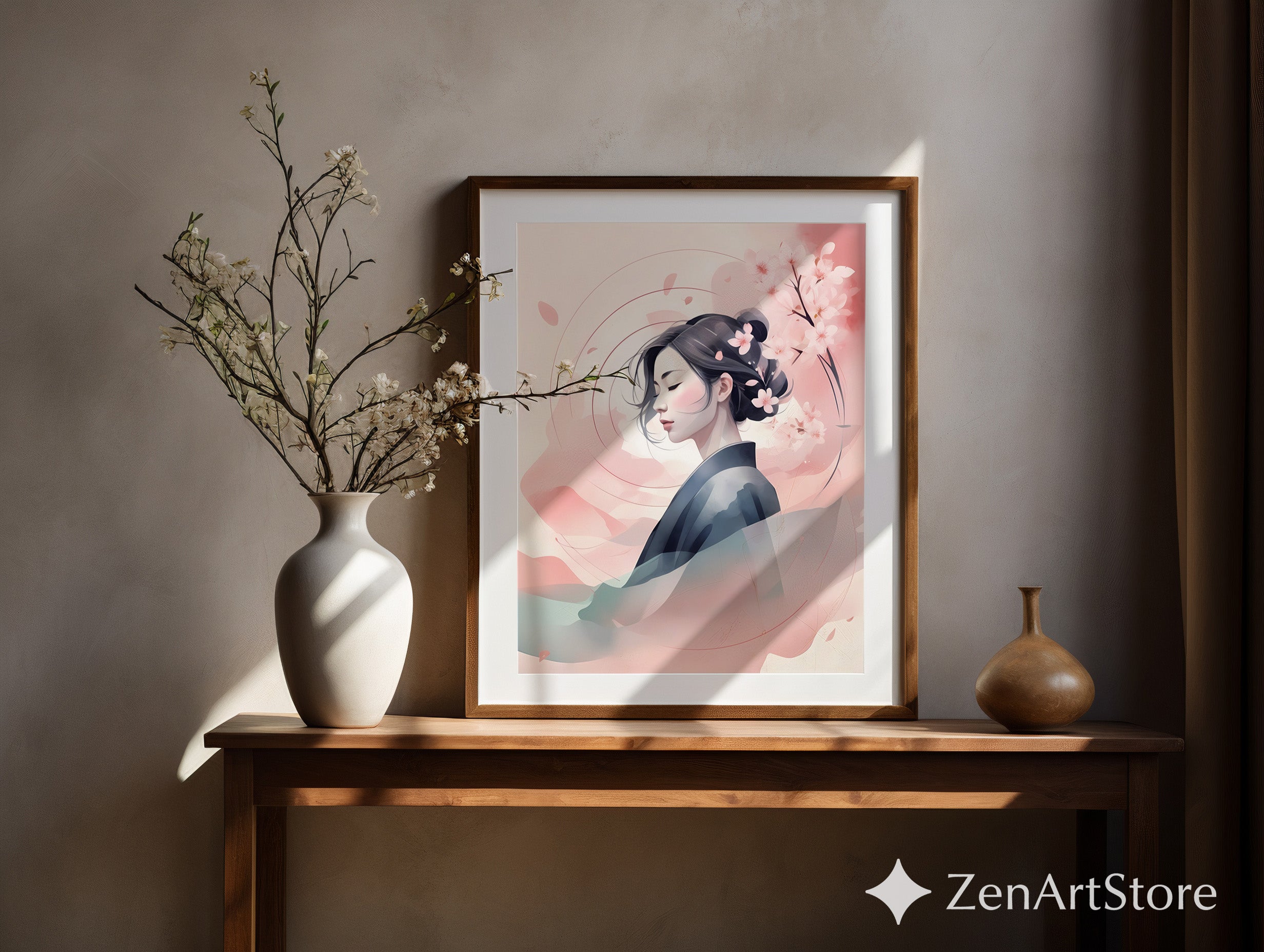 Serene Sakura Portrait Print - Japandi Minimal Cherry Blossom Wall Art, Zen Pastel Home Decor