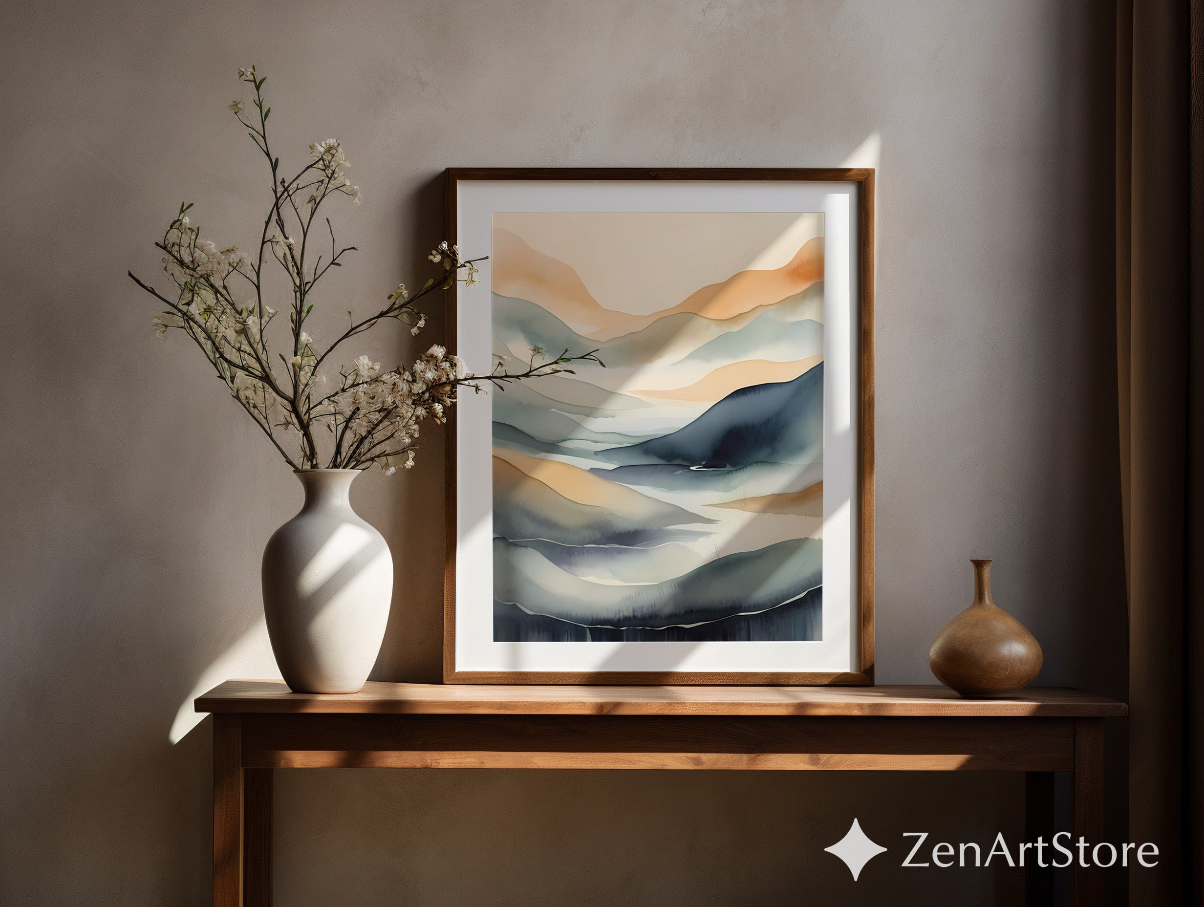 Muted Watercolor Mountain Print – Minimal Abstract Landscape Wall Art, Neutral Japandi Zen Decor for Living Room & Bedroom