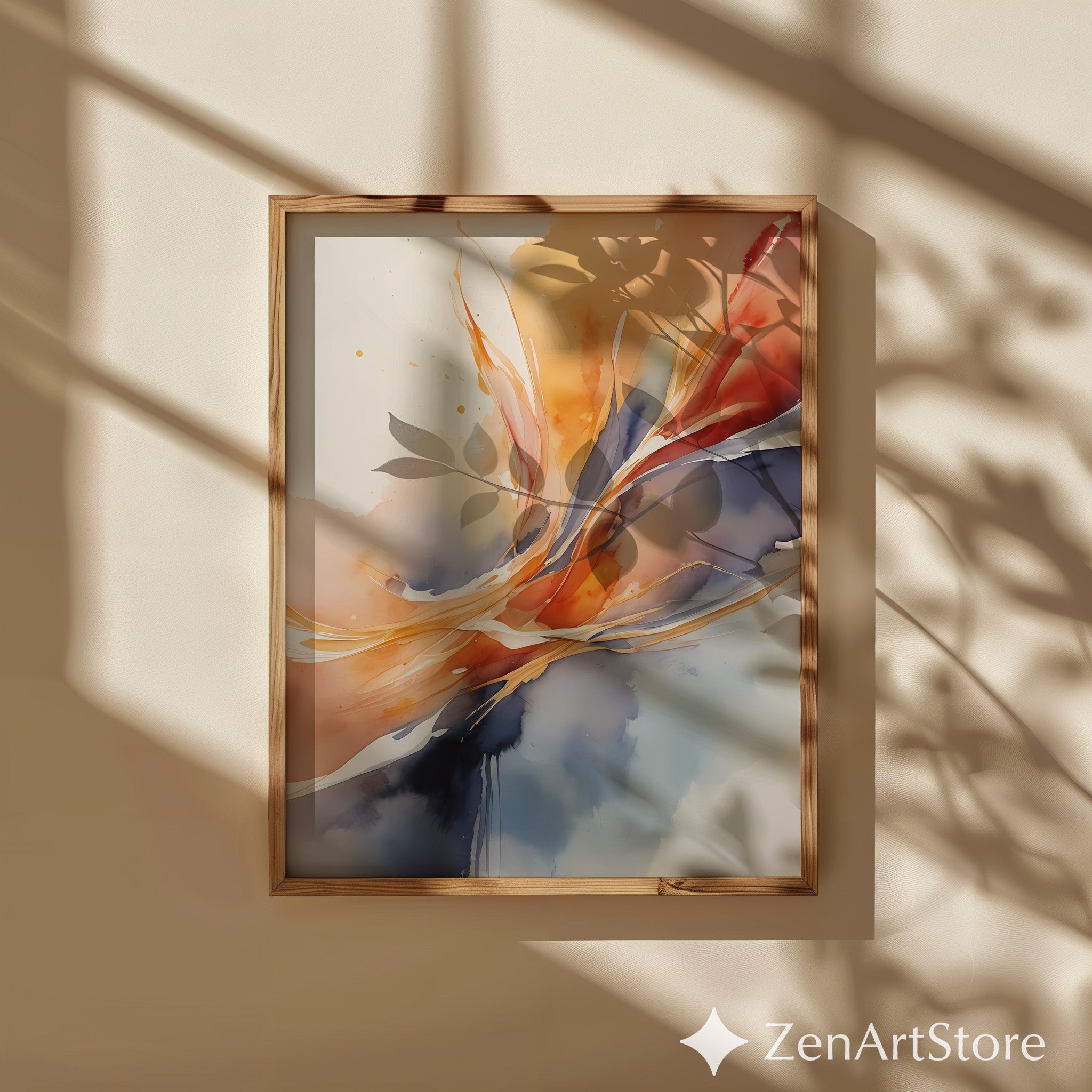 Warm Abstract Watercolor Wall Art - Orange Navy Minimalist Print for Living Room, Japandi Neutral Modern Home Decor