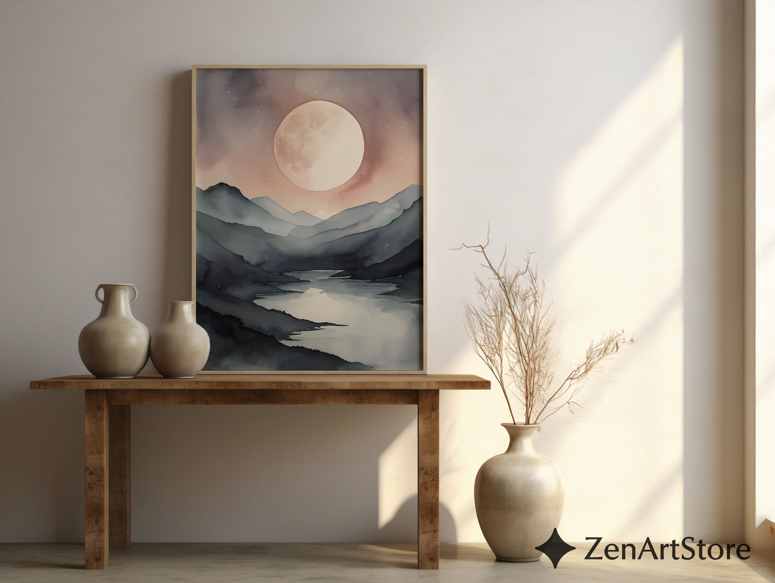 Serene Moonlit Mountain Lake Watercolor Print - Japandi Minimal Neutral Wall Art, Beige & Gray Landscape