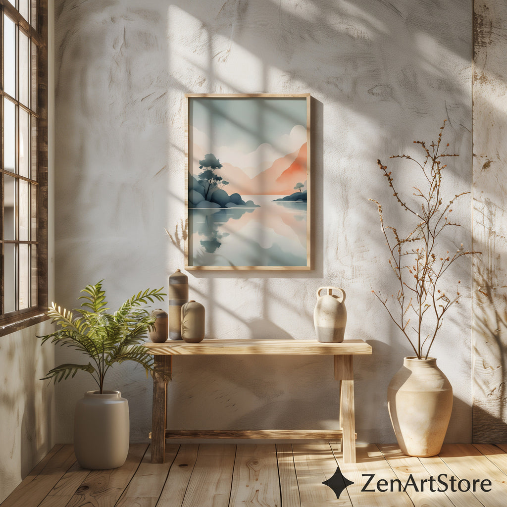 Zen Japandi Pastel Landscape Print - Minimal Mountain Lake Wall Art, Calm Abstract Reflection, Neutral Home Decor Printable