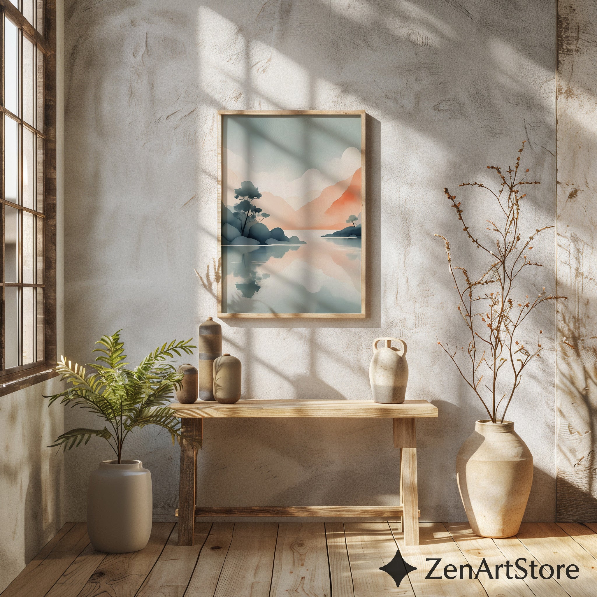 Zen Japandi Pastel Landscape Print - Minimal Mountain Lake Wall Art, Calm Abstract Reflection, Neutral Home Decor Printable