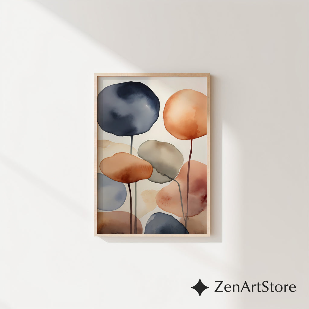 Abstract Watercolor Wall Art Neutral Terracotta & Blue - Minimal Japandi Scandi Zen Print for Living Room Bedroom