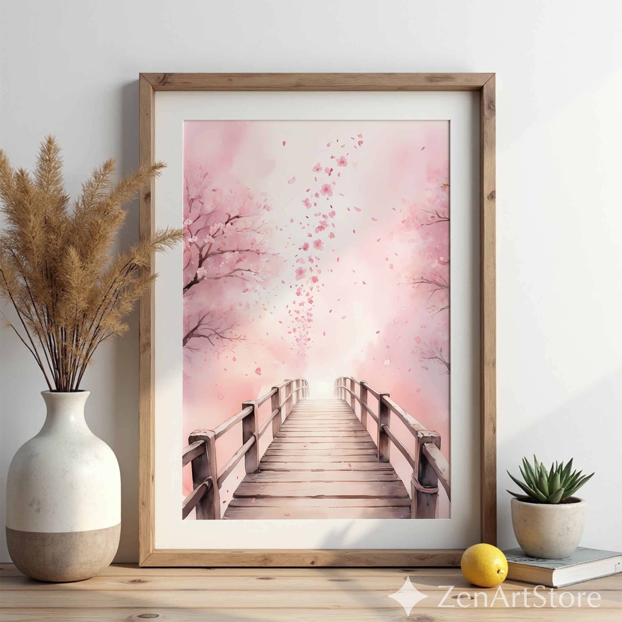 Cherry Blossom Bridge Wall Art - Pink Sakura Canvas Print & Printable, Japandi Minimalist Home Decor