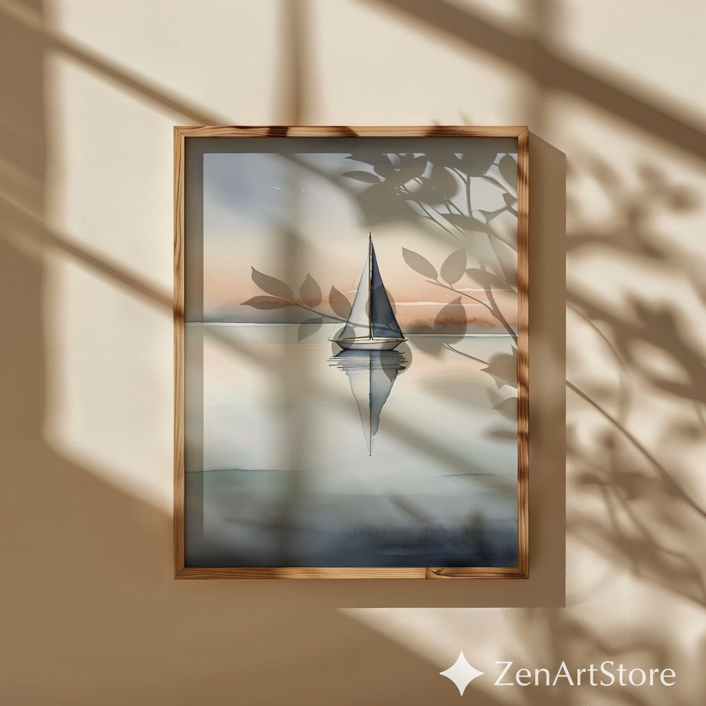 Minimal Sailboat Wall Art - Calm Coastal Watercolor Print, Scandinavian Japandi Neutral Seascape for Living Room & Bedroom