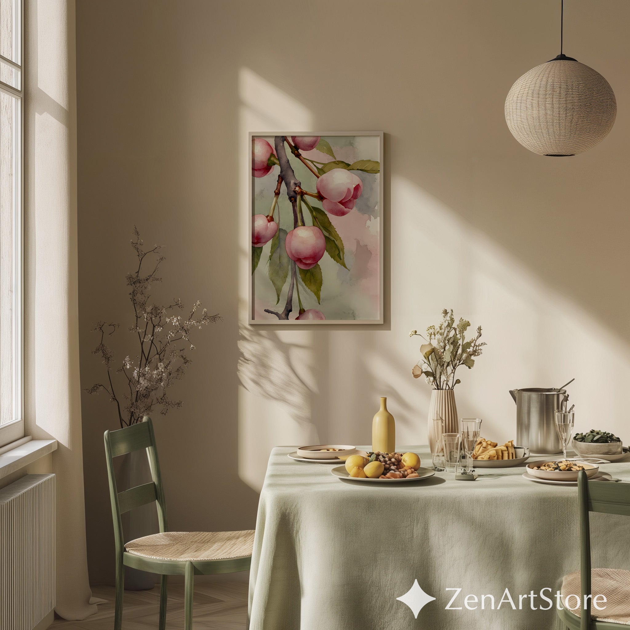 Pink Cherry Botanical Watercolor Art Print - Soft Minimal Floral Wall Decor for Living Room, Bedroom, Nursery, Japandi