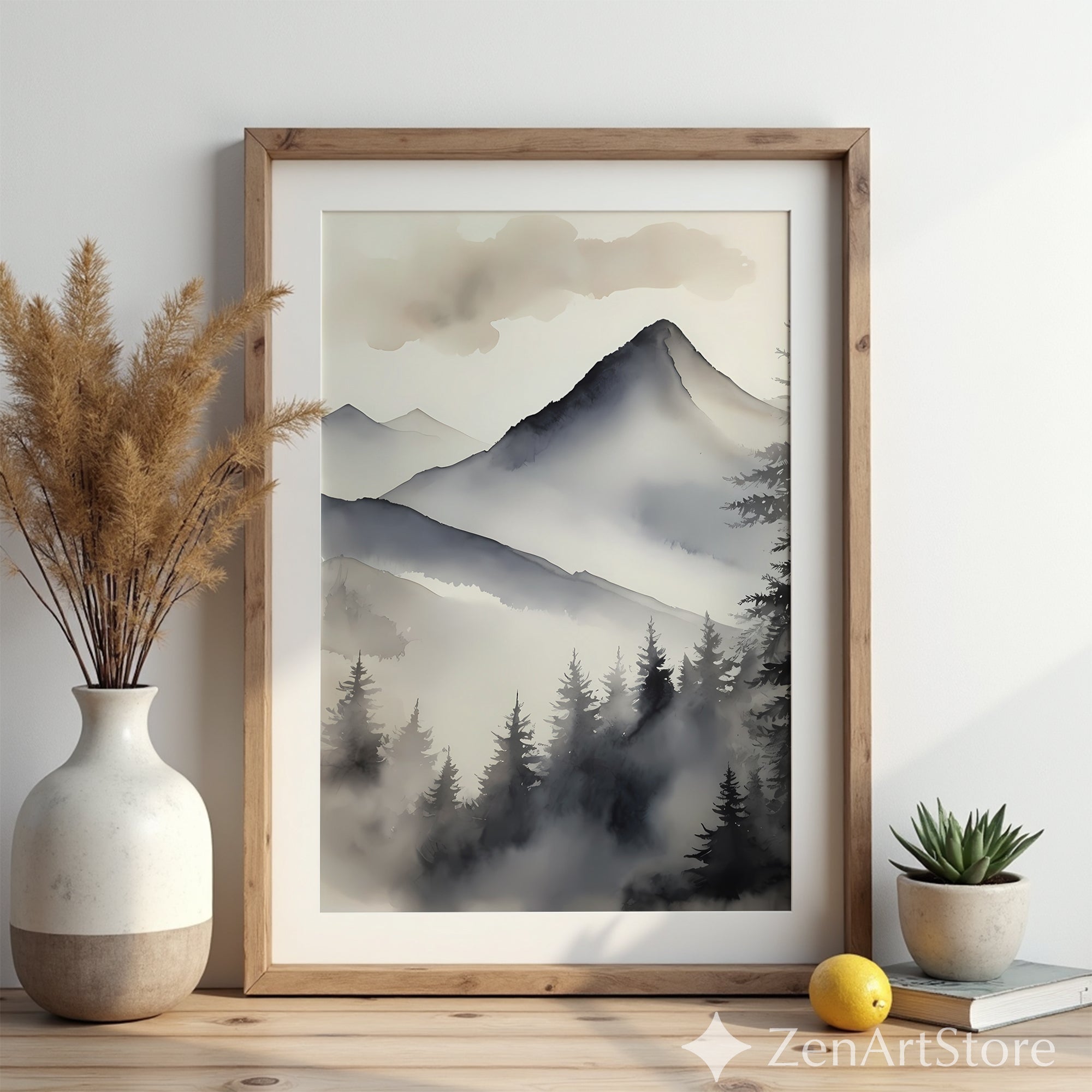 Misty Mountain Watercolor Print - Neutral Zen Landscape Wall Art for Calm, Japandi & Scandinavian Home Decor