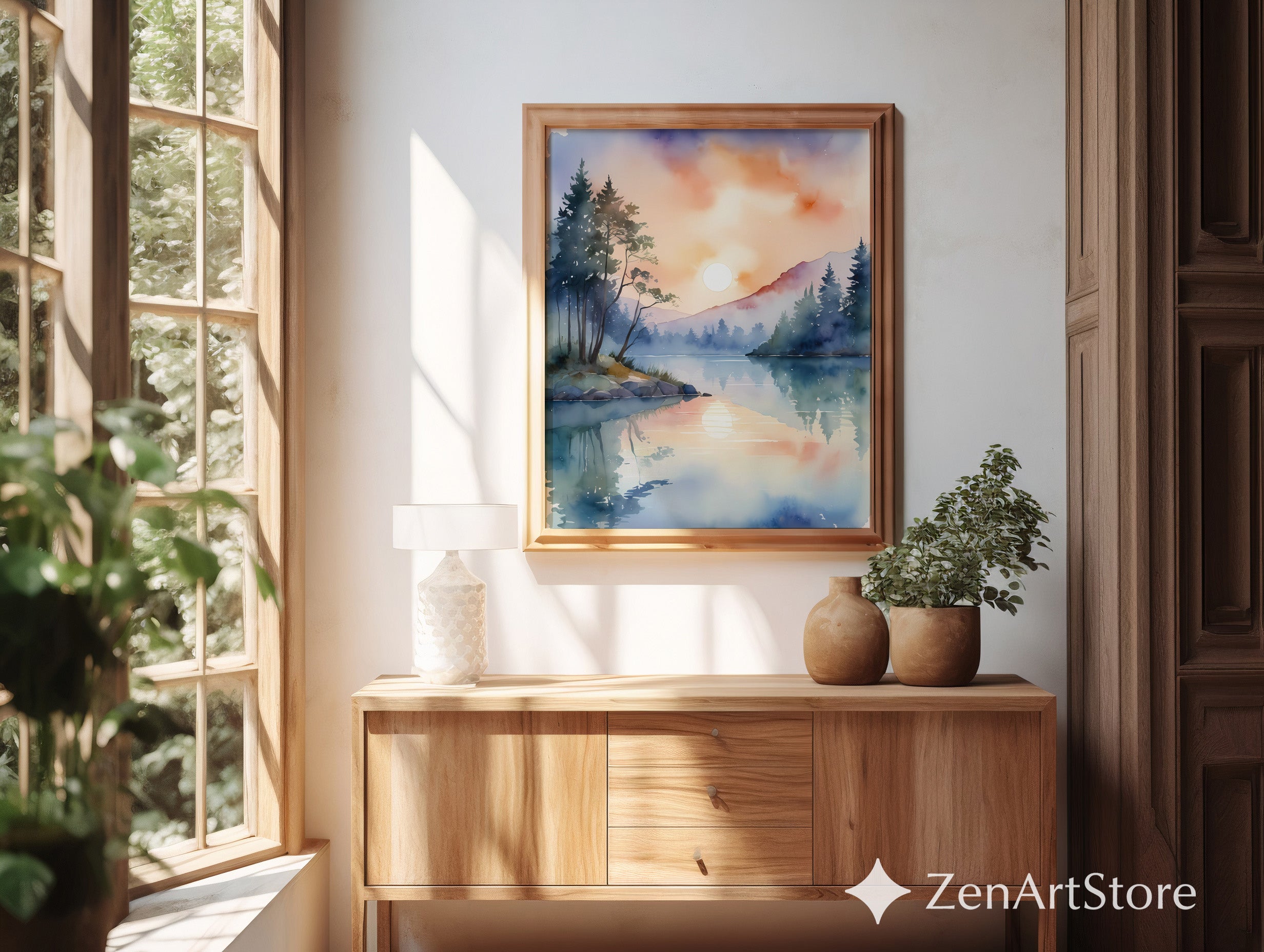 Sunrise Lake Watercolor Print - Misty Mountain Reflection Wall Art, Serene Zen Minimal Nature Decor