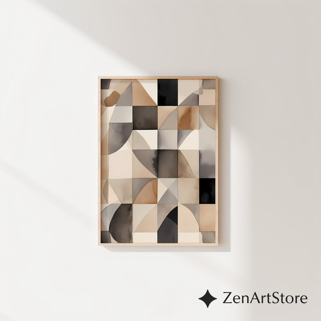 Neutral Geometric Abstract Art Print - Beige Brown Black Minimal Japandi Wabi Sabi Wall Decor