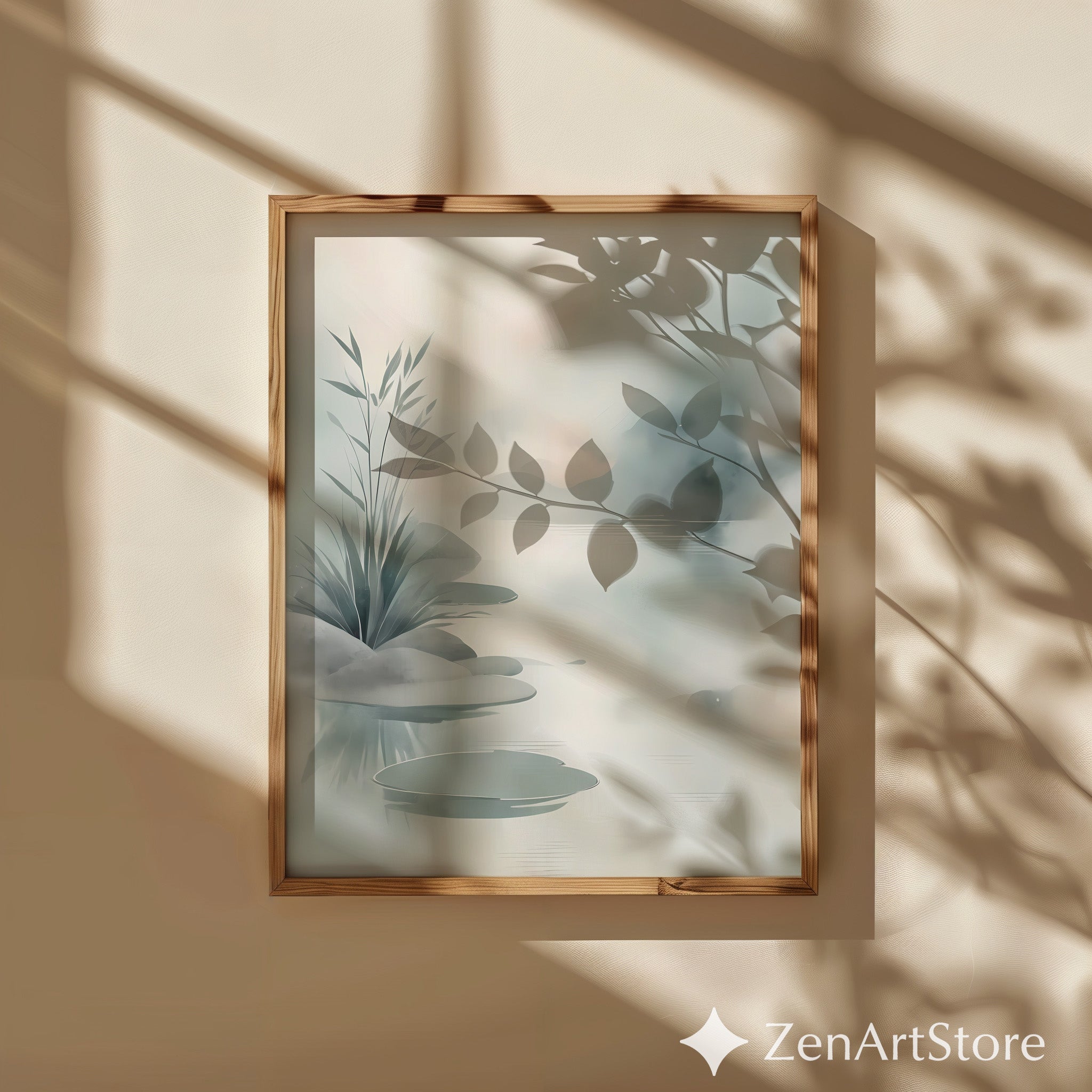 Minimal Zen Lake Wall Art - Japandi Botanical Landscape Print, Calm Neutral Watercolor, Scandinavian Home Decor