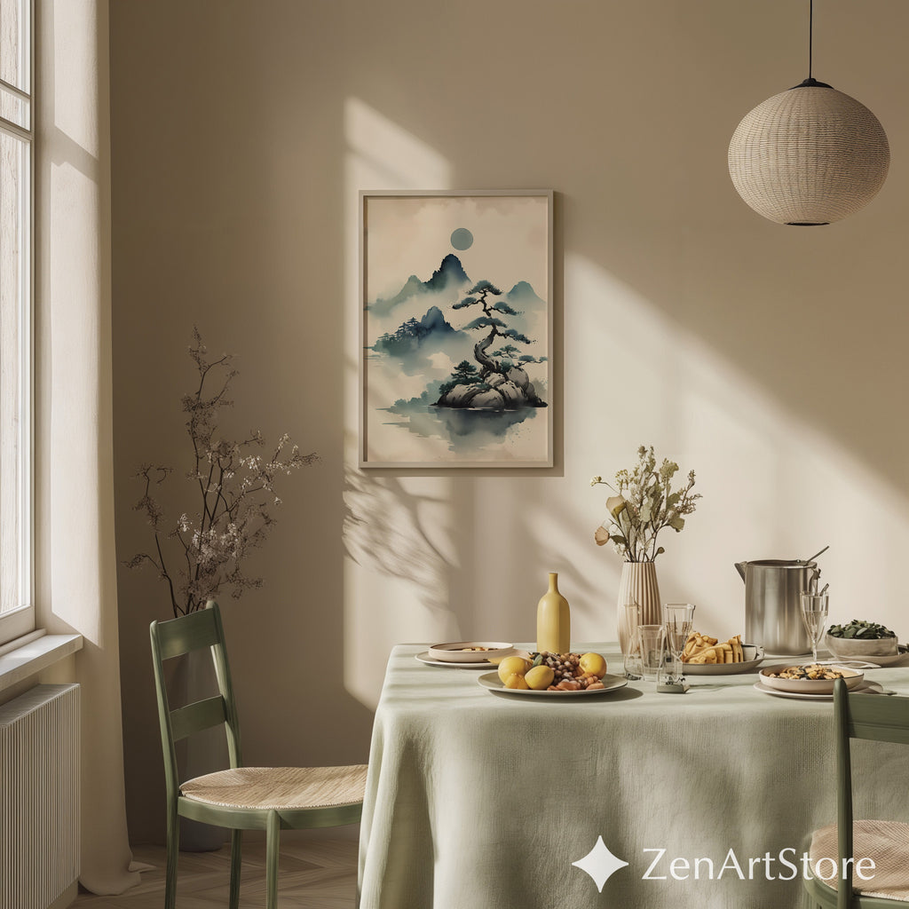 Zen Ink Landscape Print - Misty Mountain Bonsai Art, Minimal Japandi Wall Decor for Neutral Modern Homes