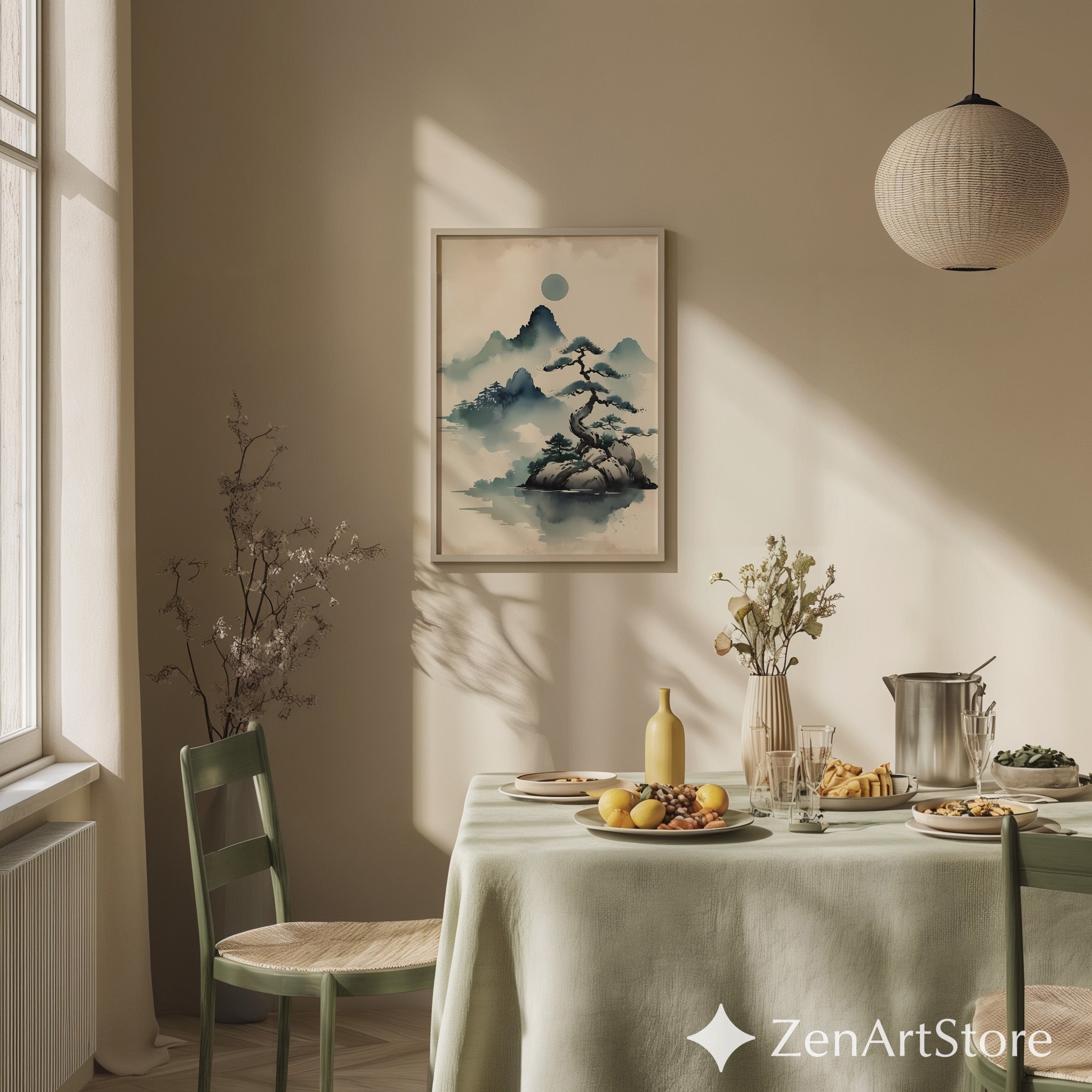 Zen Ink Landscape Print - Misty Mountain Bonsai Art, Minimal Japandi Wall Decor for Neutral Modern Homes