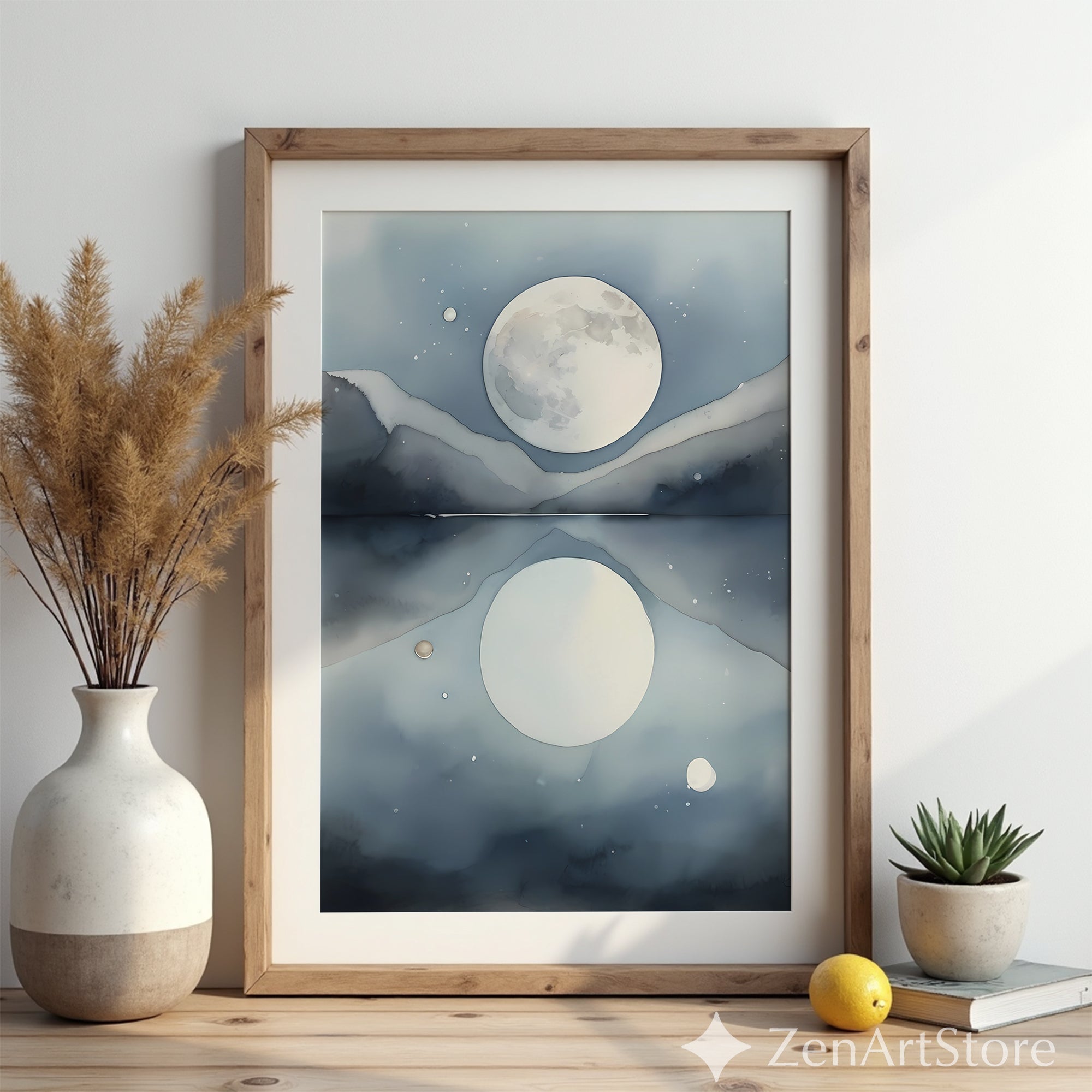 Moon Reflection Art Print - Minimal Blue Grey Landscape Wall Art for Living Room, Japandi & Scandinavian Home Decor
