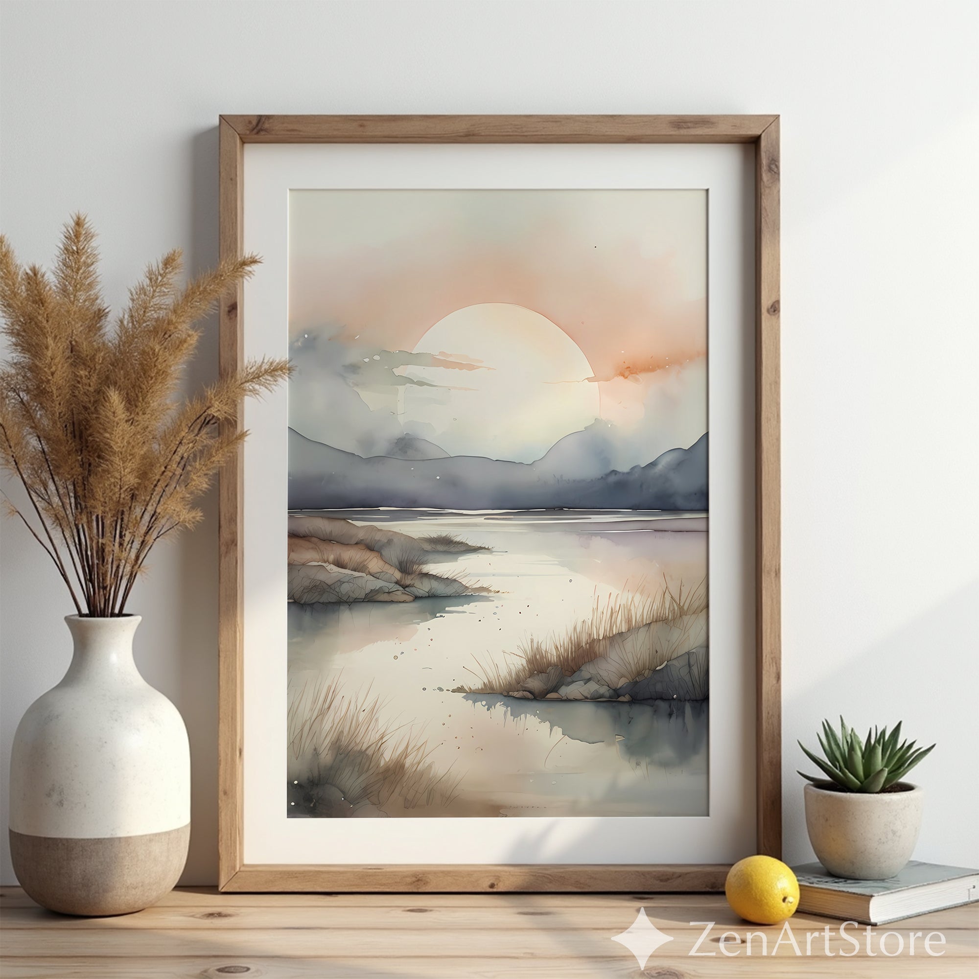 Serene Sunrise Watercolor Landscape Print - Neutral Japandi Minimal Wall Art for Living Room