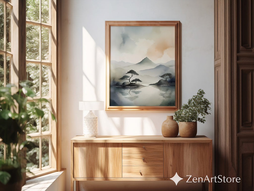 Zen Minimal Watercolor Mountain Print - Japandi Neutral Landscape Wall Art for Living Room