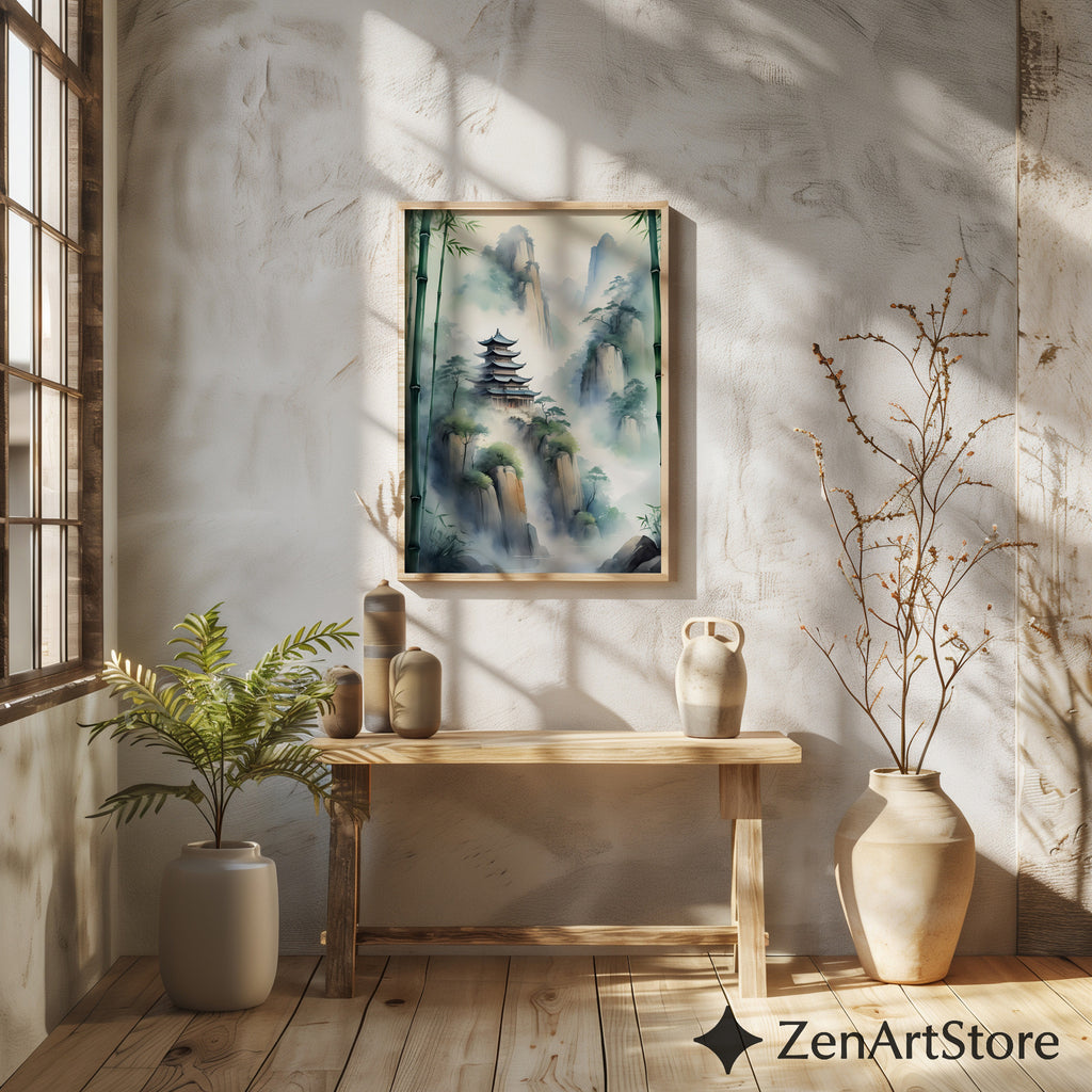 Misty Mountain Pagoda Wall Art - Zen Bamboo Landscape Print, Japandi Minimal Home Decor