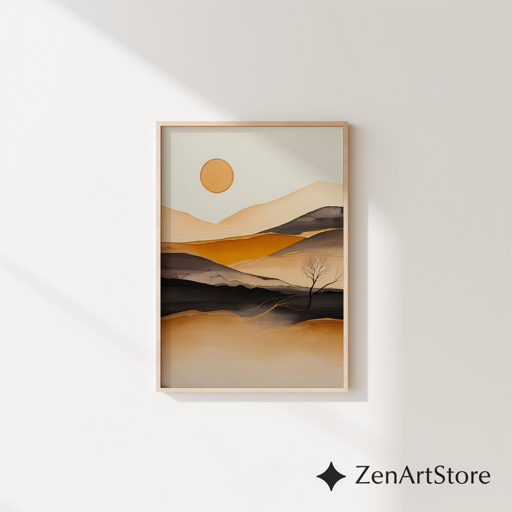 Minimal Abstract Desert Landscape Print - Warm Beige Ochre Modern Wall Art for Living Room, Japandi Scandi Canvas or Digital Download