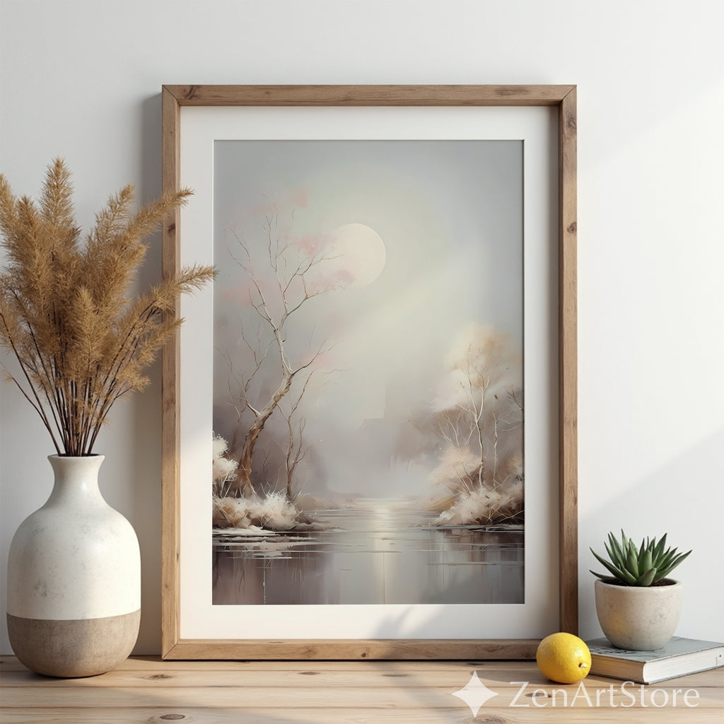 Moonlit Minimal Landscape Art Print - Japandi Neutral Wall Decor, Calming Beige & Blush Tree Canvas for Living Room or Bedroom
