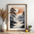 Misty River Landscape Wall Art - Zen Japandi Minimal Sunset Print, Neutral Wabi Sabi Home Decor