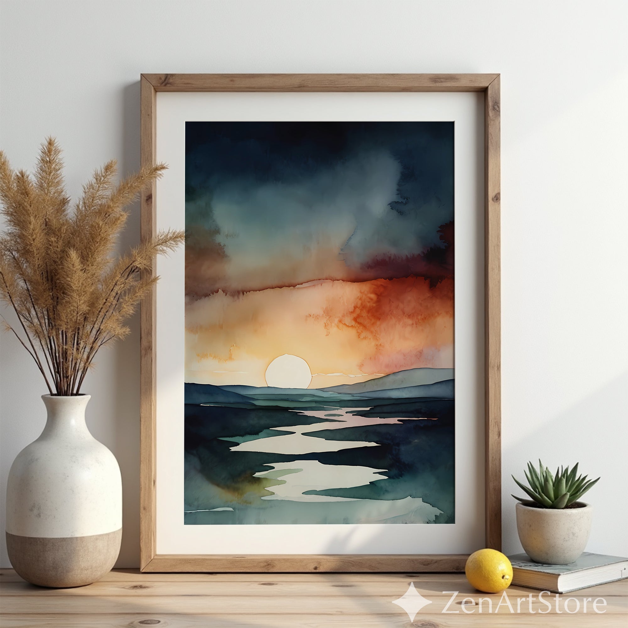 Abstract Watercolor Sunset Landscape Print - Minimal Modern Wall Art, Neutral Zen Sunrise Decor for Living Room & Bedroom