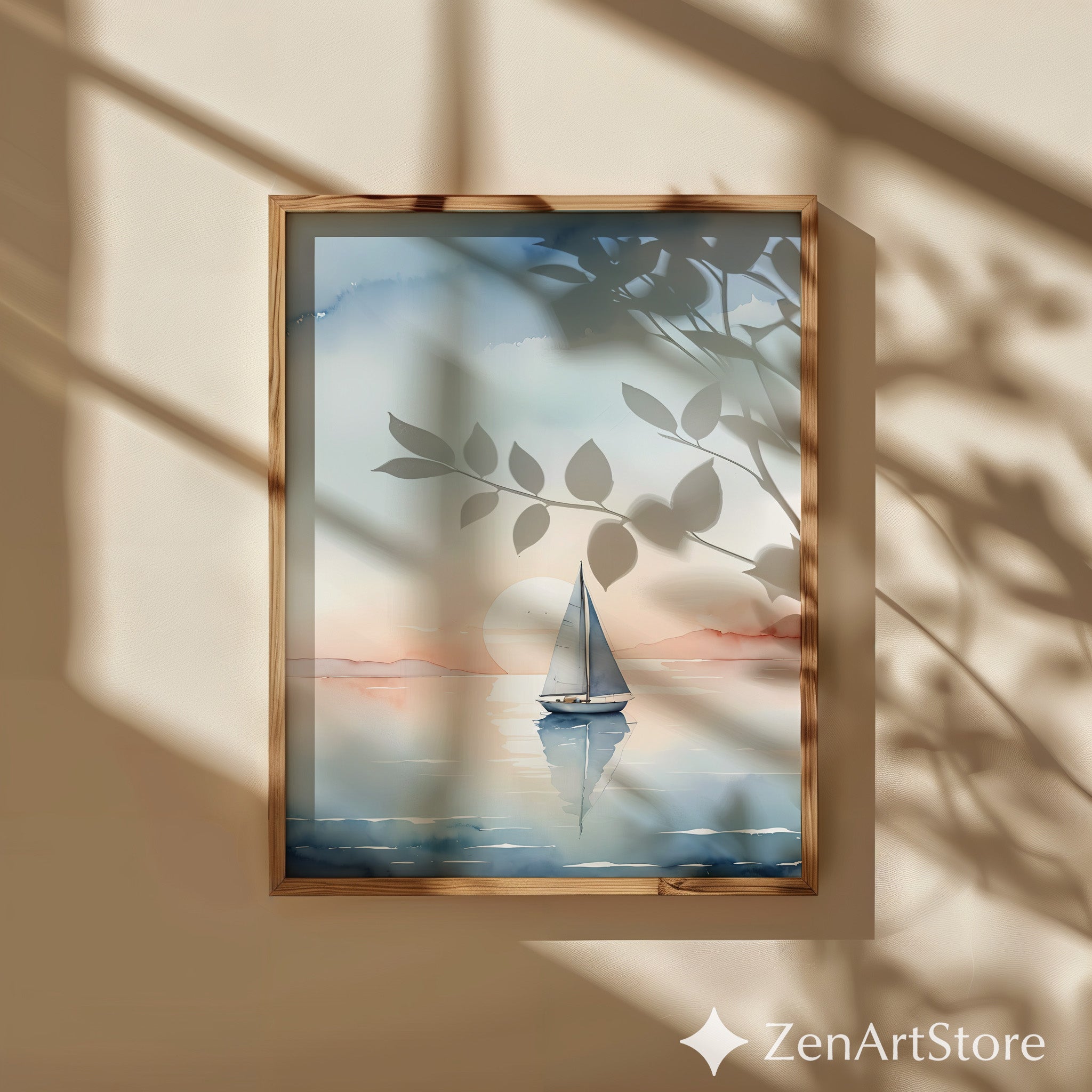 Sailboat Watercolor Print - Calm Pastel Seascape Wall Art for Coastal, Minimal & Japandi Home Decor