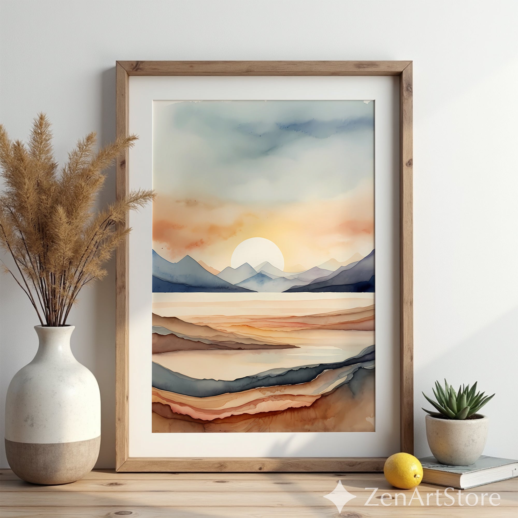 Watercolor Mountain Sunset Print - Neutral Abstract Landscape Wall Art, Minimalist Japandi Boho Home Decor