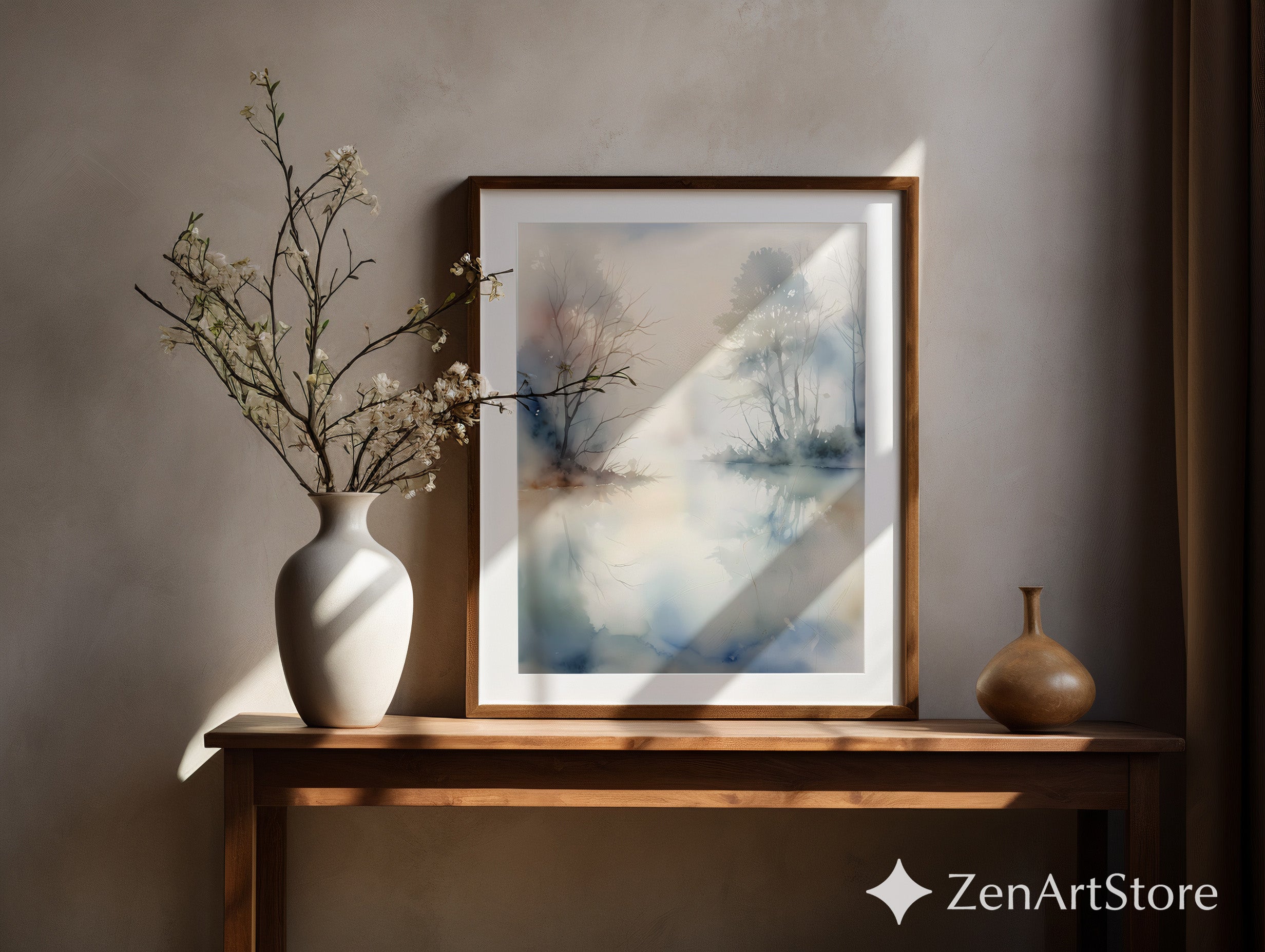 Misty Lake Watercolor Print - Neutral Zen Landscape Wall Art for Living Room, Japandi Minimalist Home Decor