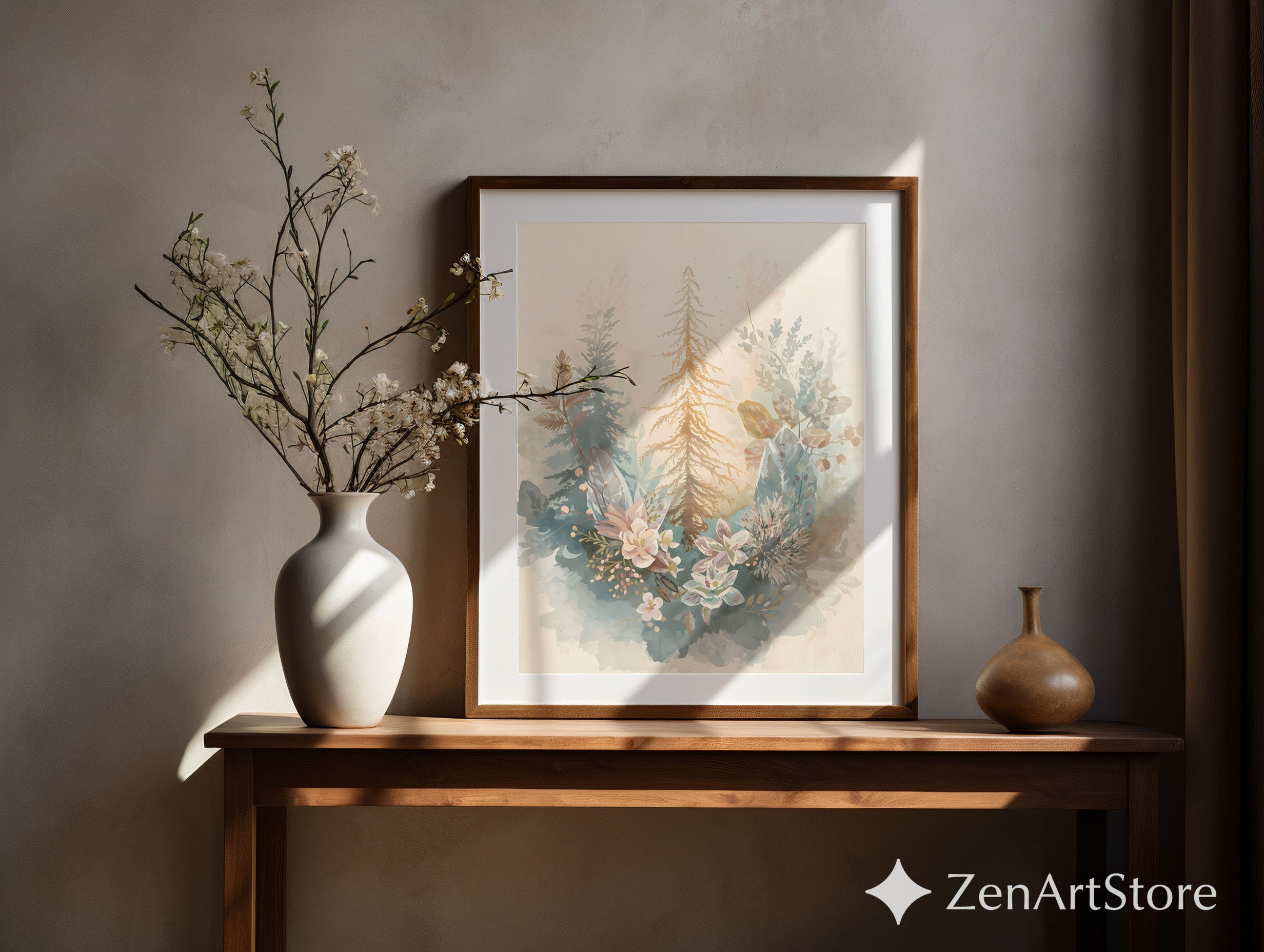 Neutral Watercolor Botanical Forest Print - Pastel Floral & Pine Wall Art, Japandi Minimal Home Decor