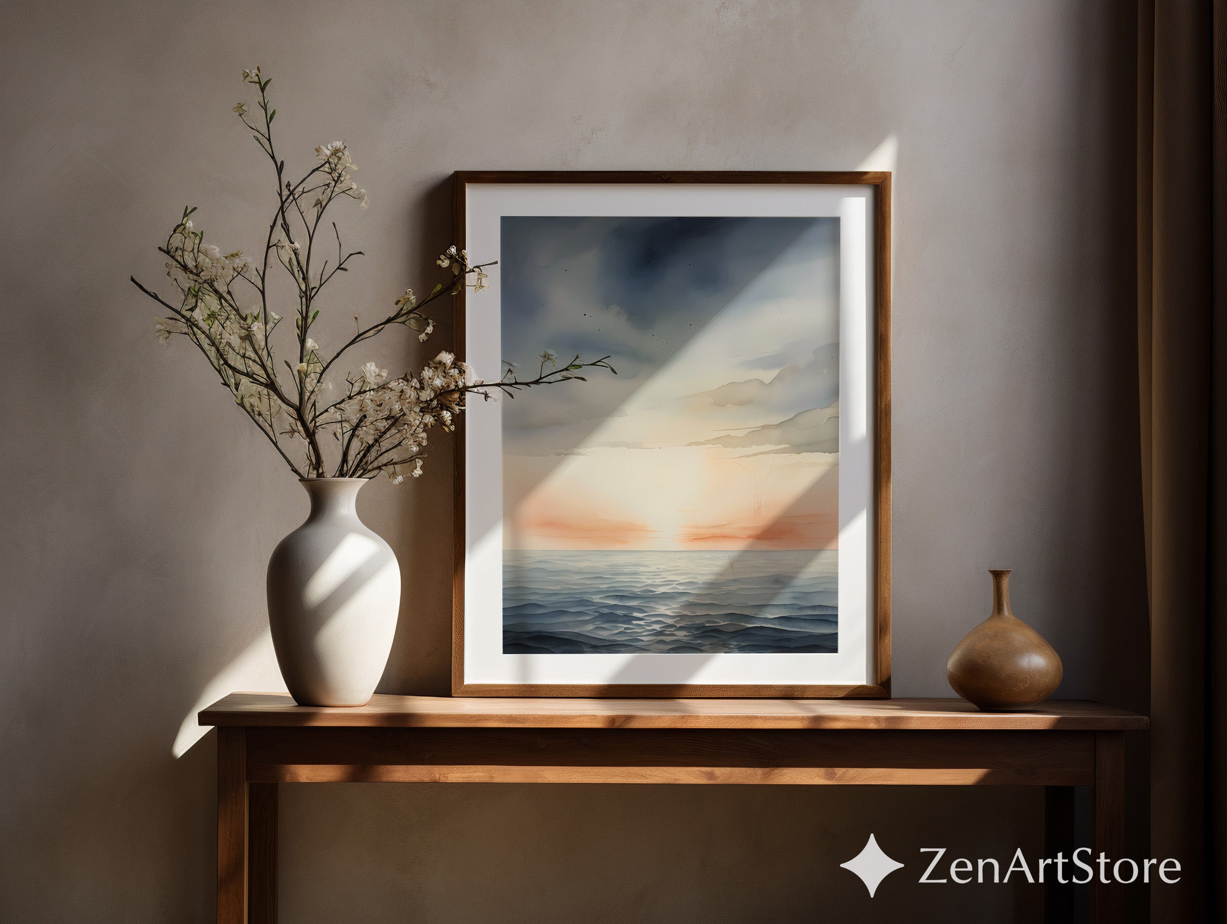 Minimal Seascape Wall Art Calm Ocean Sunset Watercolor Print Neutral Coastal Japandi Decor