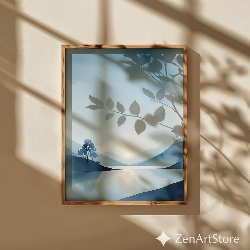 Calm Blue Lake Landscape Print - Minimal Sunrise Wall Art for Scandinavian Japandi Home Decor