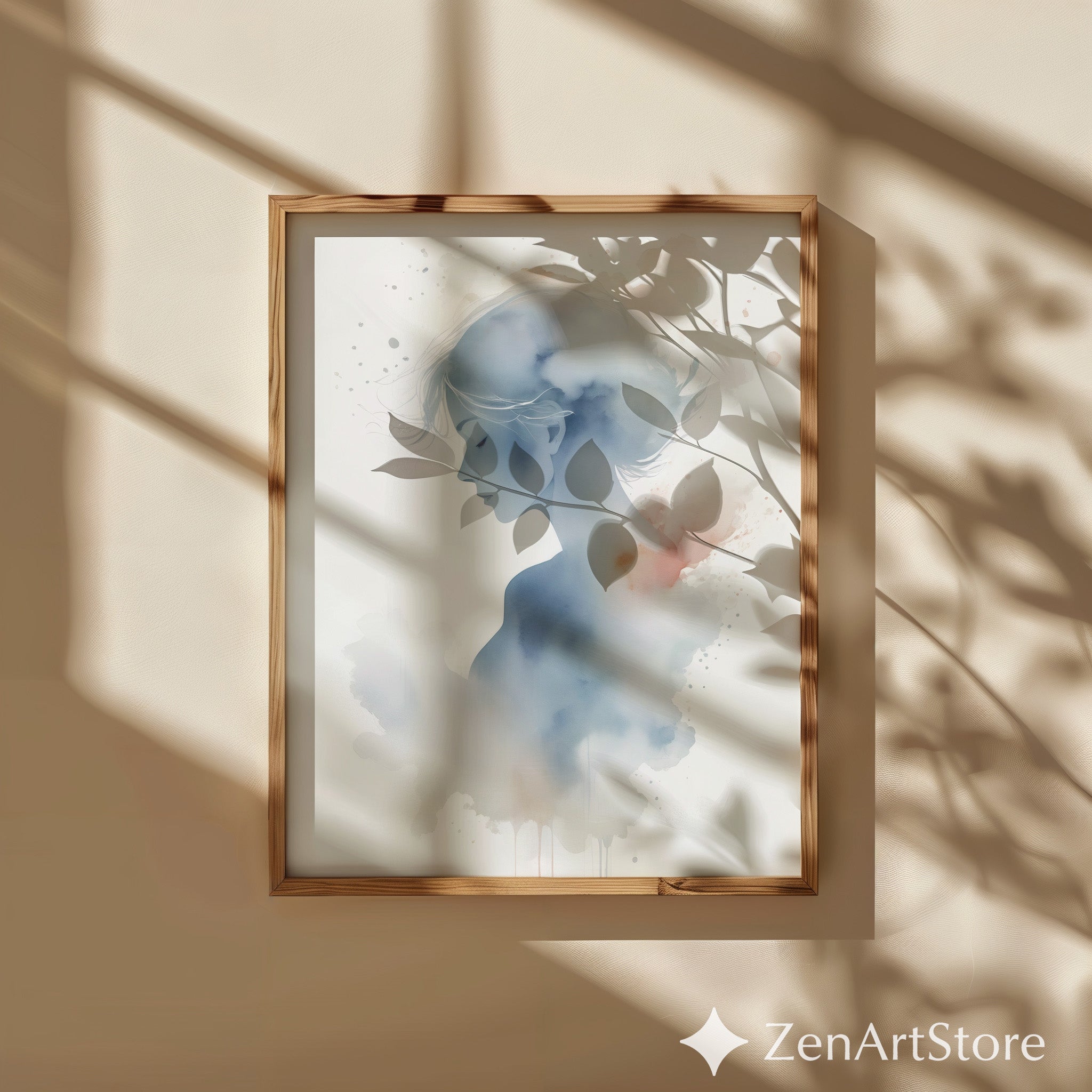 Dreamy Watercolor Woman Portrait Print - Minimal Abstract Blue Gray Silhouette, Zen Wall Art for Living Room & Bedroom