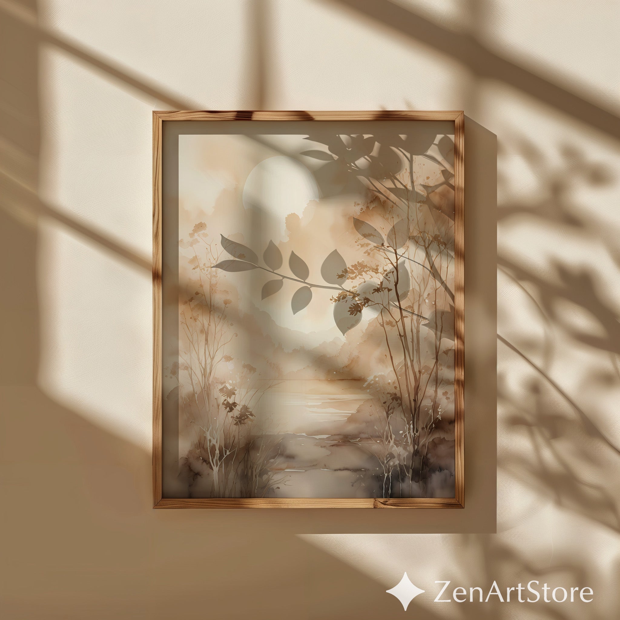 Serene Sepia Sunrise Watercolor Landscape Print - Minimal Neutral Wall Art for Living Room, Bedroom, Japandi Decor