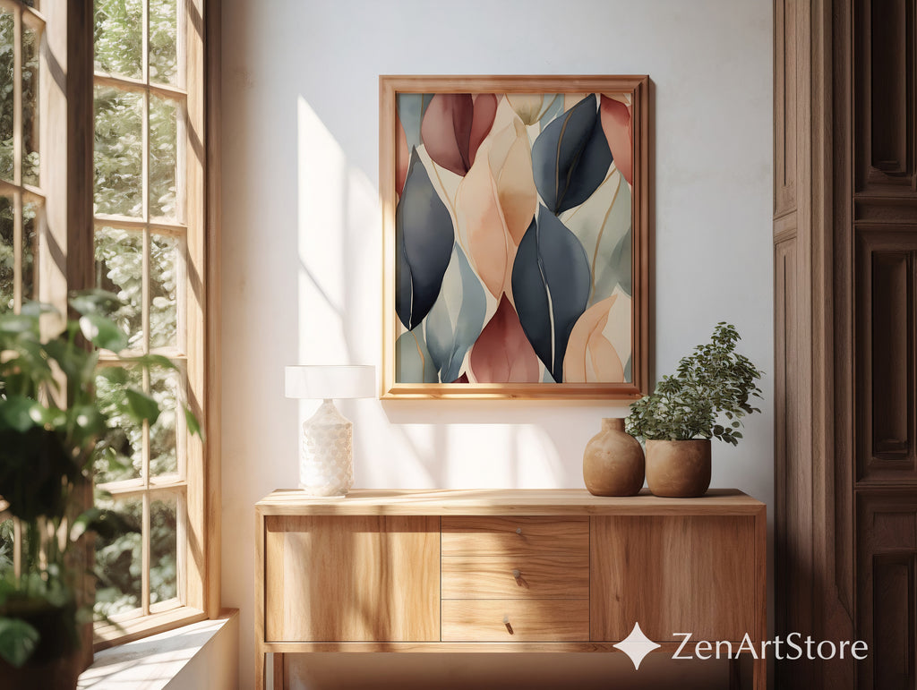 Abstract Botanical Leaf Art Print - Neutral Beige Blush Navy Wall Decor - Japandi Minimalist Modern Home Decor