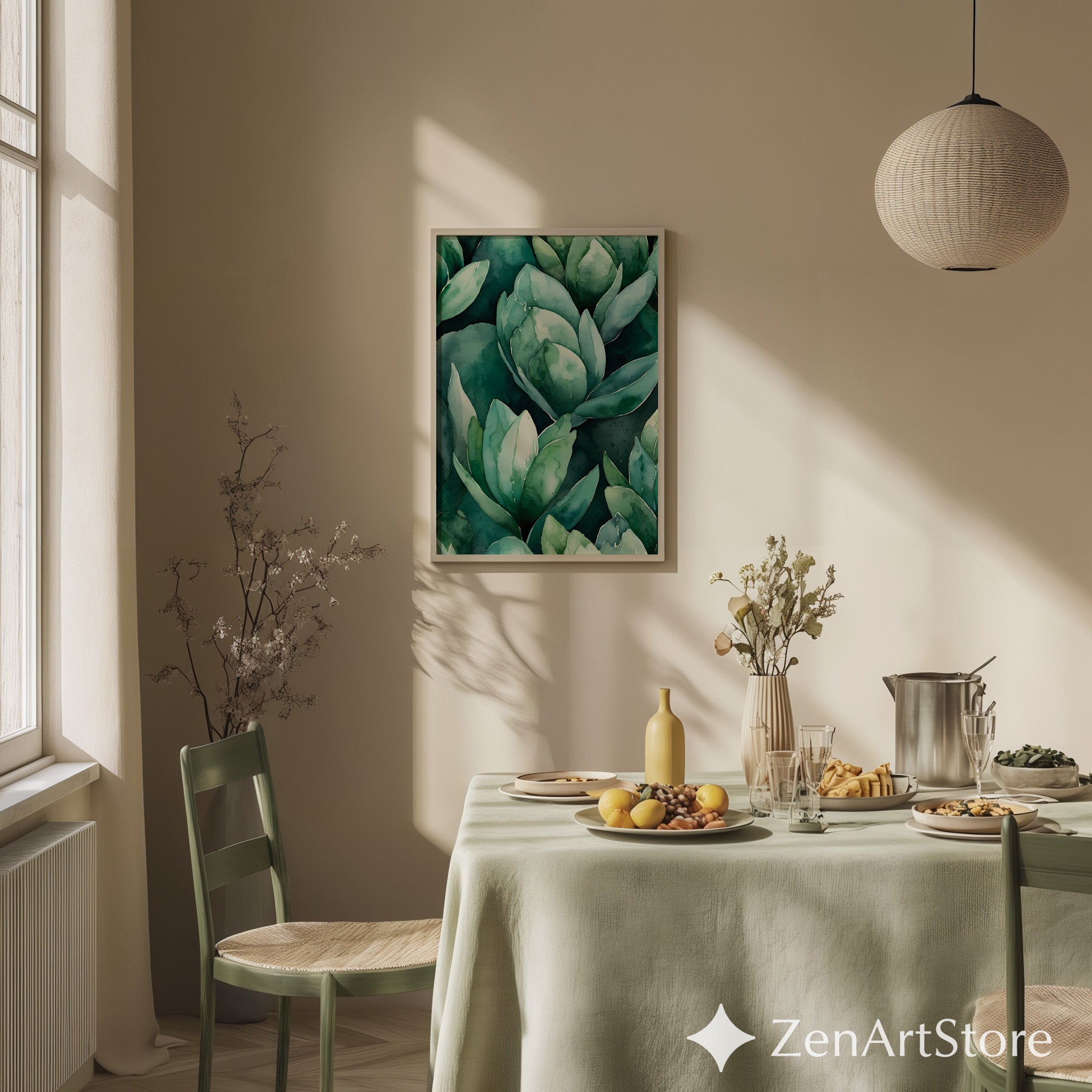 Teal Succulent Watercolor Print - Botanical Green Wall Art, Modern Japandi Printable for Living Room & Bedroom