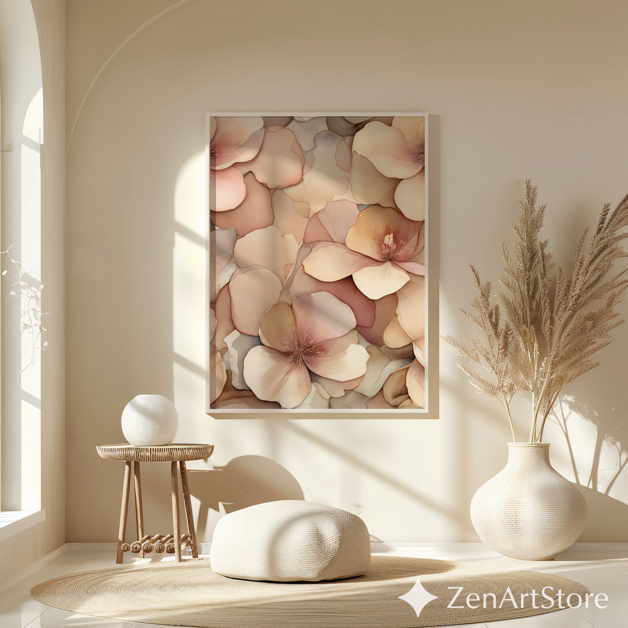 Blush Neutral Floral Wall Art - Soft Peach Botanical Print, Minimal Japandi Canvas for Living Room & Bedroom