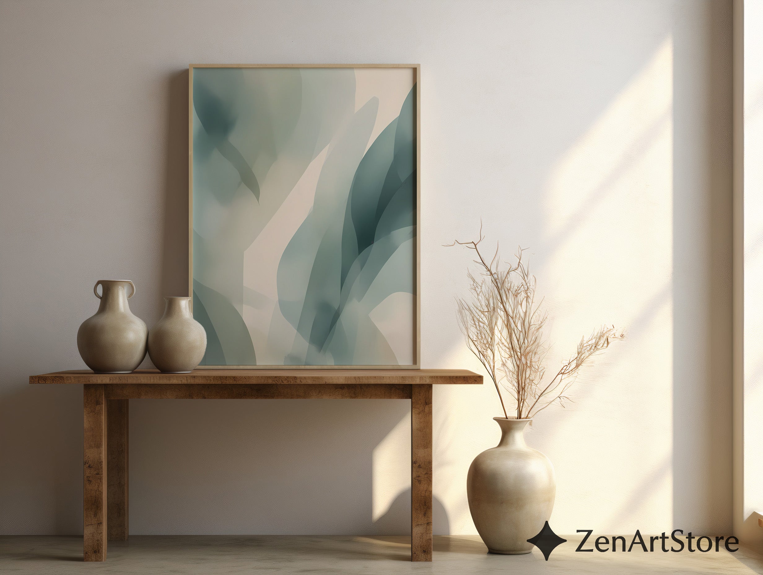 Muted Green Abstract Botanical Wall Art | Minimalist Japandi Print for Calm Neutral Home Decor, Printable & Canvas Ready