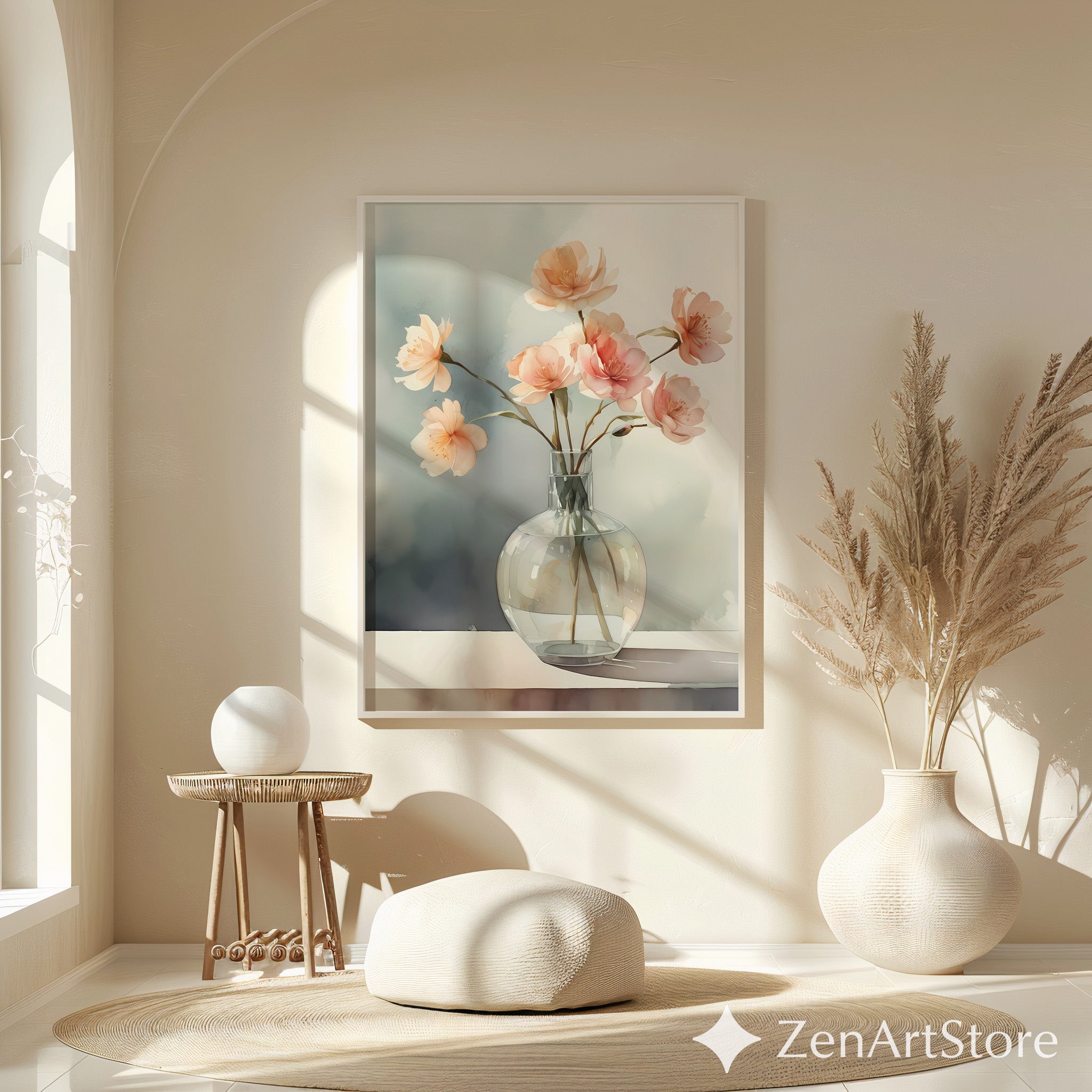Soft Peach Floral Vase Print - Minimal Botanical Wall Art for Japandi & Scandinavian Neutral Home Decor