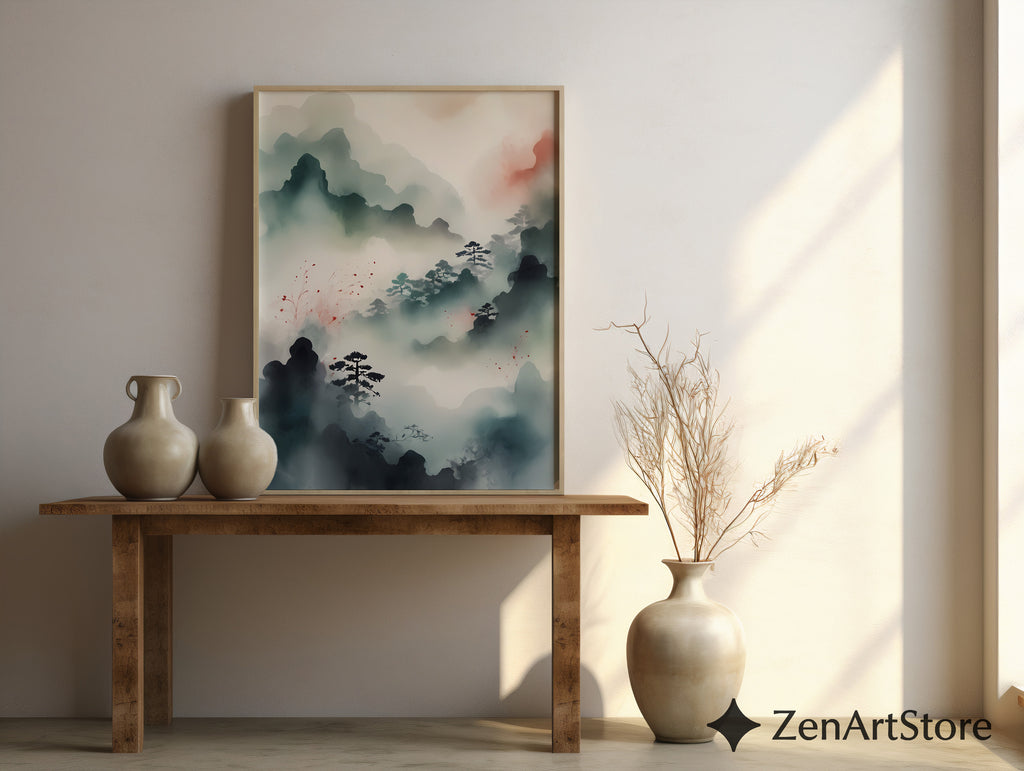 Misty Mountain Zen Landscape Print - Japandi Minimal Ink Wash Wall Art, Neutral Calm Pine Trees