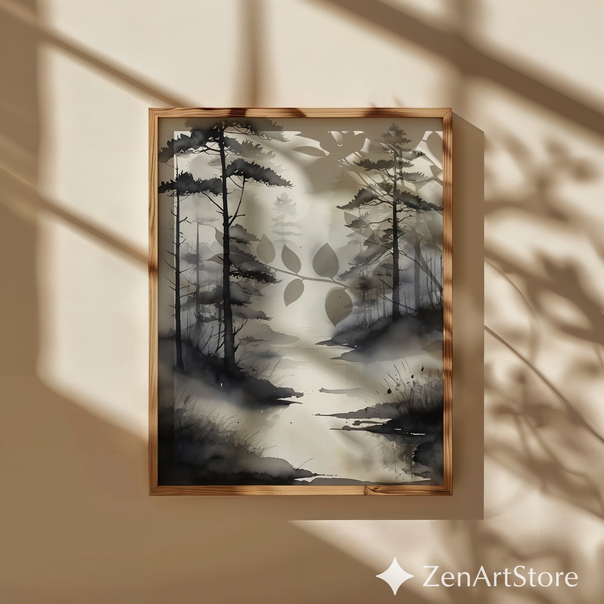 Misty Pine Forest Watercolor Print - Minimal Zen Landscape Wall Art - Neutral Black & Beige Japandi Home Decor
