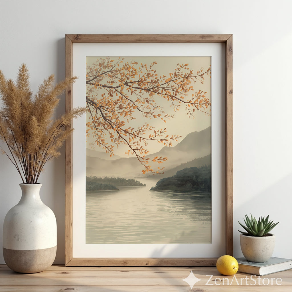 Autumn Lake Branch Wall Art - Neutral Japandi Landscape Print Minimal Zen Botanical Home Decor