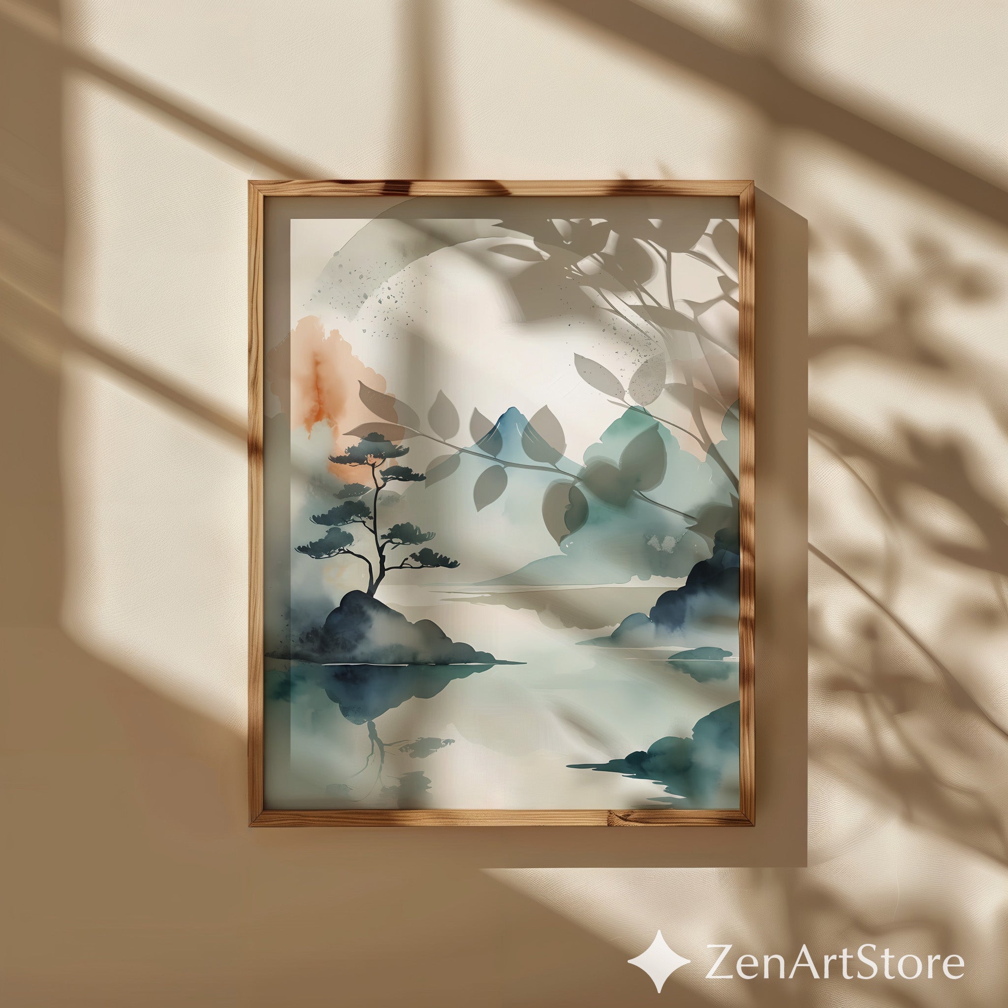Japandi Watercolor Mountain Print - Zen Minimal Landscape Wall Art, Neutral Beige Teal Abstract for Living Room & Bedroom