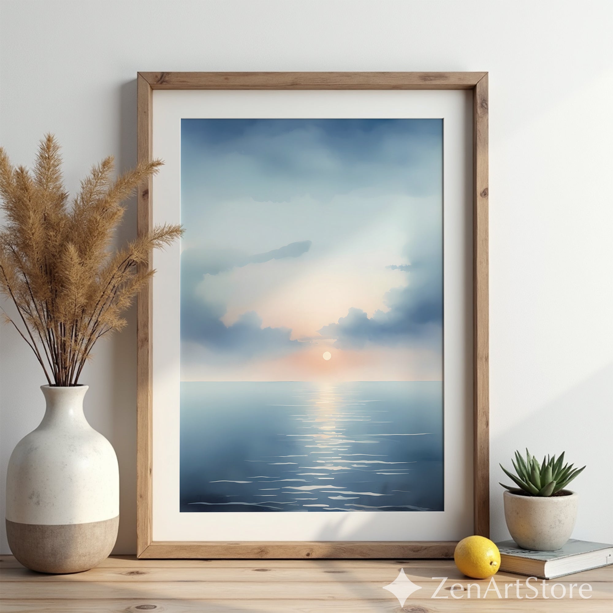 Serene Seascape Sunrise Wall Art - Minimal Ocean Print in Blue & Peach, Zen Japandi Coastal Canvas or Printable