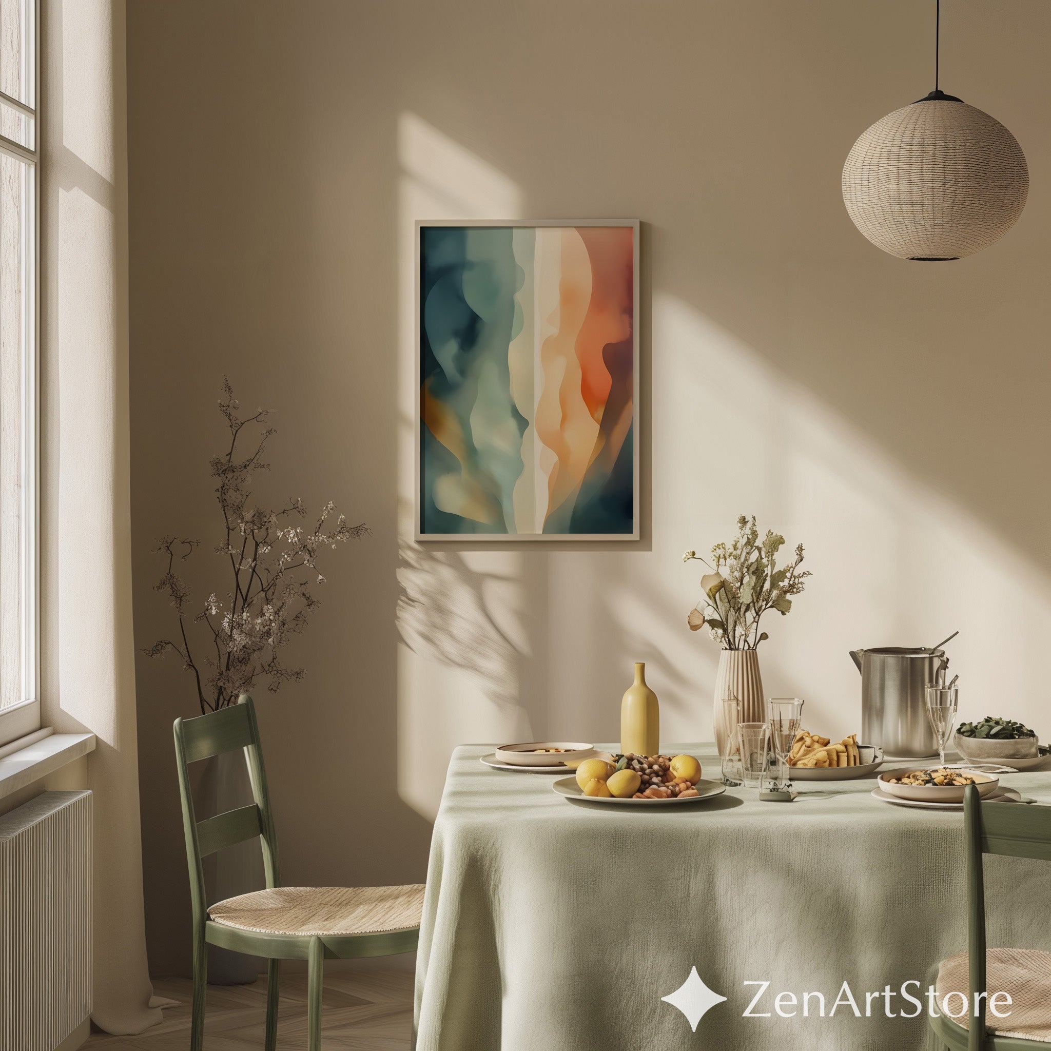 Abstract Fluid Wall Art Print - Calm Teal, Beige & Orange Minimalist Modern Home Decor, Japandi Wabi Sabi