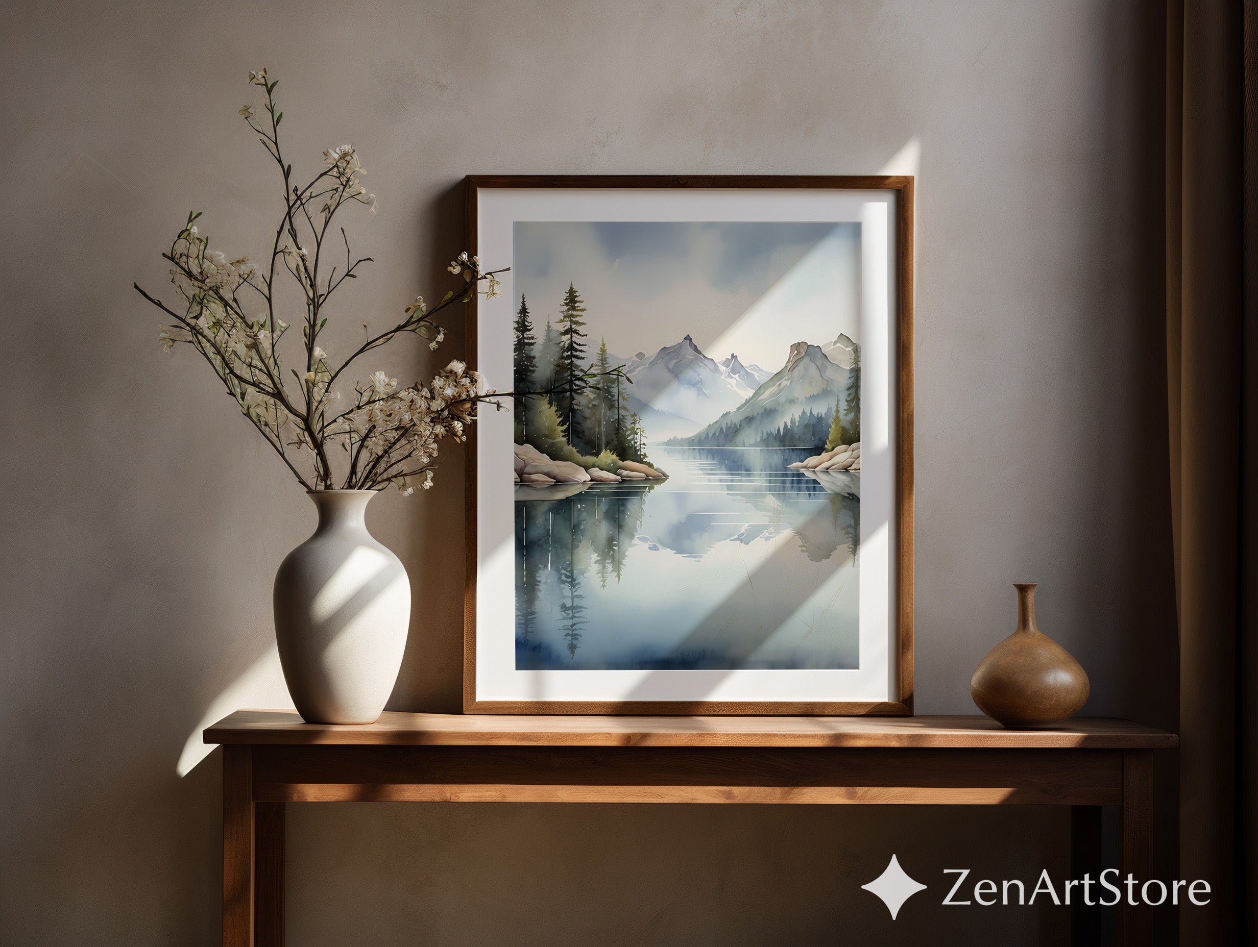 Serene Mountain Lake Watercolor Print - Misty Pines Reflection Wall Art - Scandinavian Japandi Minimal Neutral Home Decor