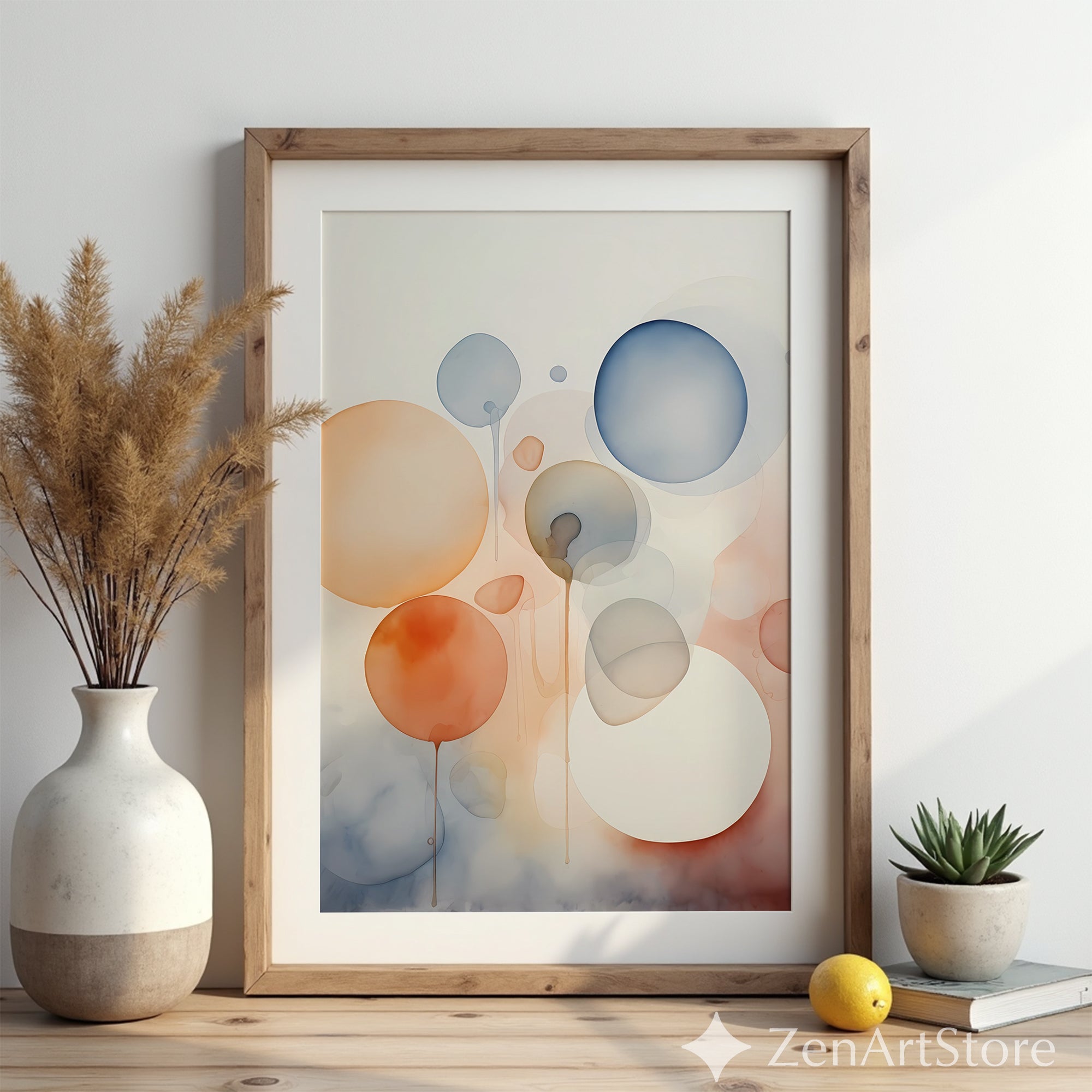 Minimalist Abstract Circles Art - Neutral Watercolor Wall Art in Beige Blue Orange for Japandi Scandinavian Boho Home Decor