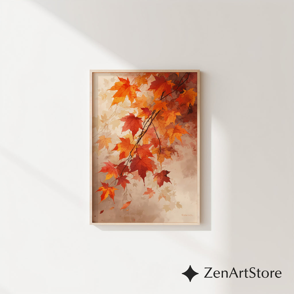 Autumn Maple Leaves Wall Art - Neutral Fall Print, Orange Brown Botanical Decor, Printable & Canvas