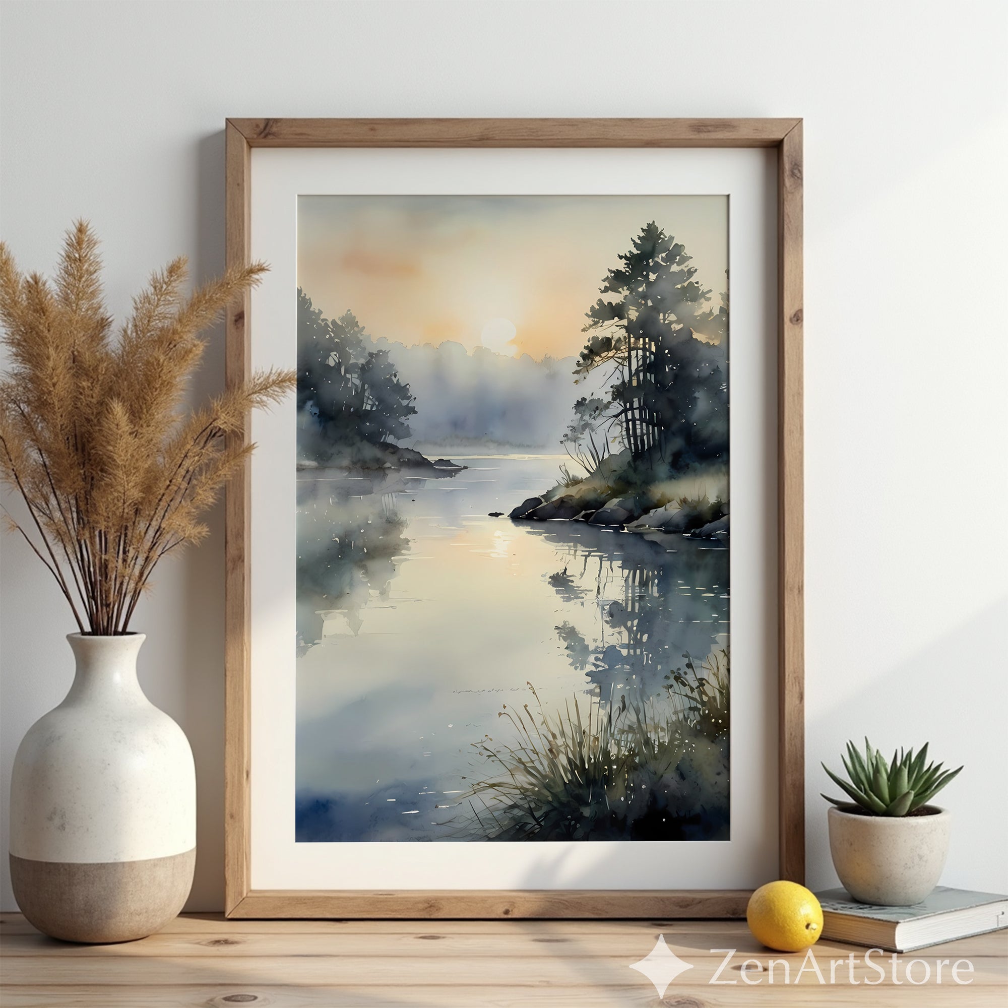 Misty Lake Sunrise Watercolor Print - Calm Neutral Landscape Wall Art for Living Room, Bedroom, Japandi Wabi Sabi Decor